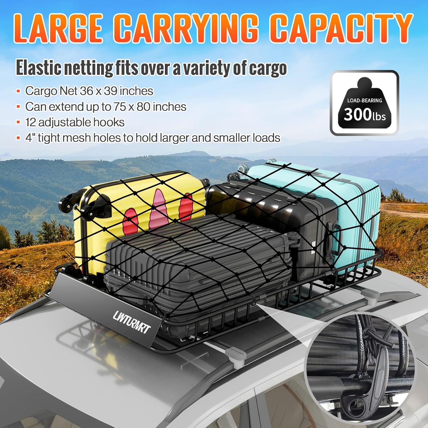 LWTURMRT 64 x 39 Inch Universal 300LB Heavy Duty Roof Rack Cargo with Cargo Net, Car Top Luggage Holder Carrier Basket for SUV
