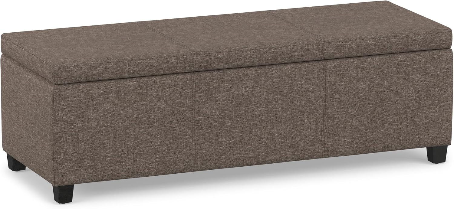 SIMPLIHOME Avalon 48" Wide Vegan Leather Storage Ottoman in Brown