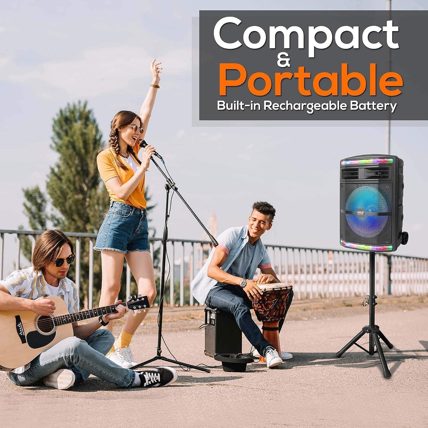 Pyle Portable Bluetooth PA Speaker System - 600W Bluetooth Speaker Portable PA System W/ Rechargeable Battery, Party Lights, MP3/USB SD Card Reader