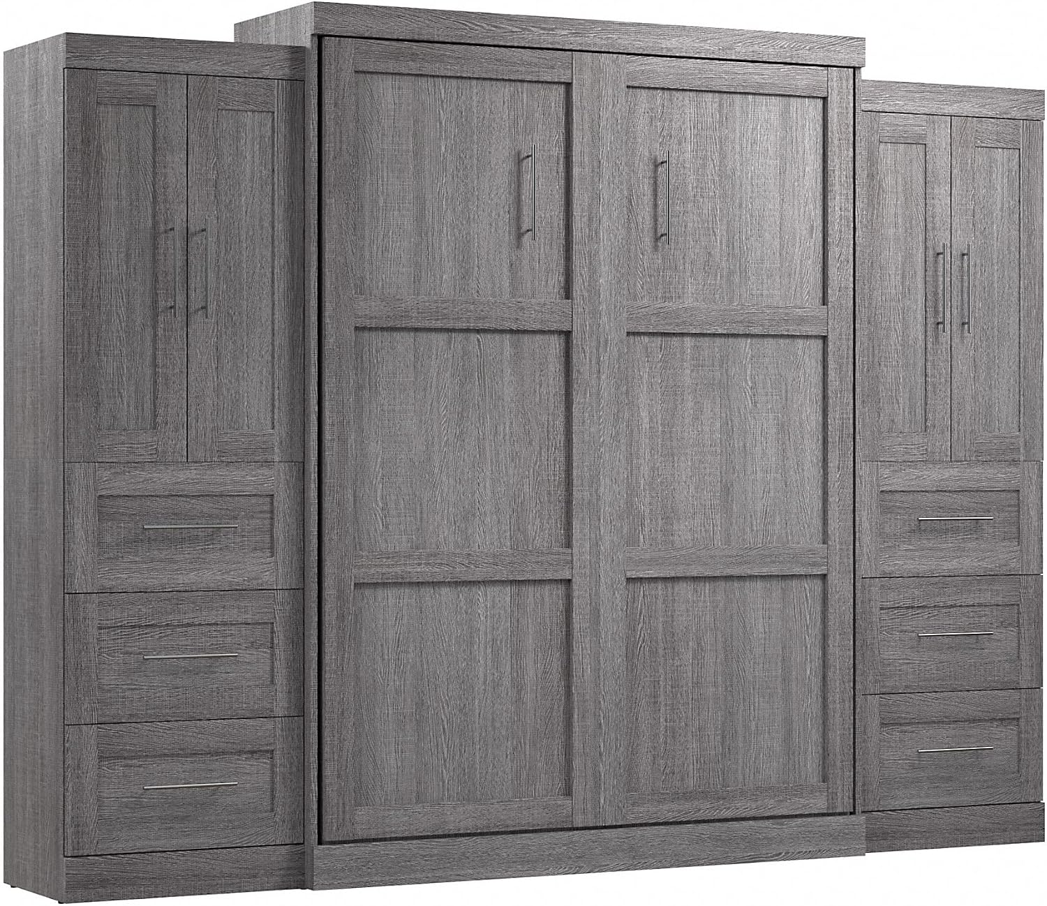 Bestar Pur Full Murphy Bed and 2 Shelving Units with Drawers, 109-inch Space-Saving Sleeping Arrangement in White | 2 Shelving Units with Drawers; supports up to 1000 lb; min. ceiling height 86.4 in.; dual piston mechanism; 10-year warranty