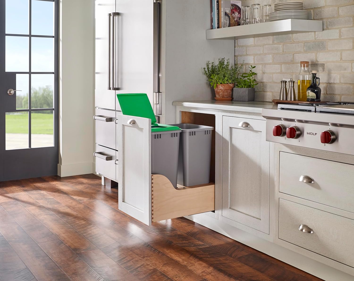 Rev-A-Shelf Double Pullout Trash Can, Min Cabinet Opening 18" W, 50 Qt | w/ Soft-Close, Under Cabinet Waste/Recycling Bin w/ Lid, Silver, 4WCSC-2150DM-2