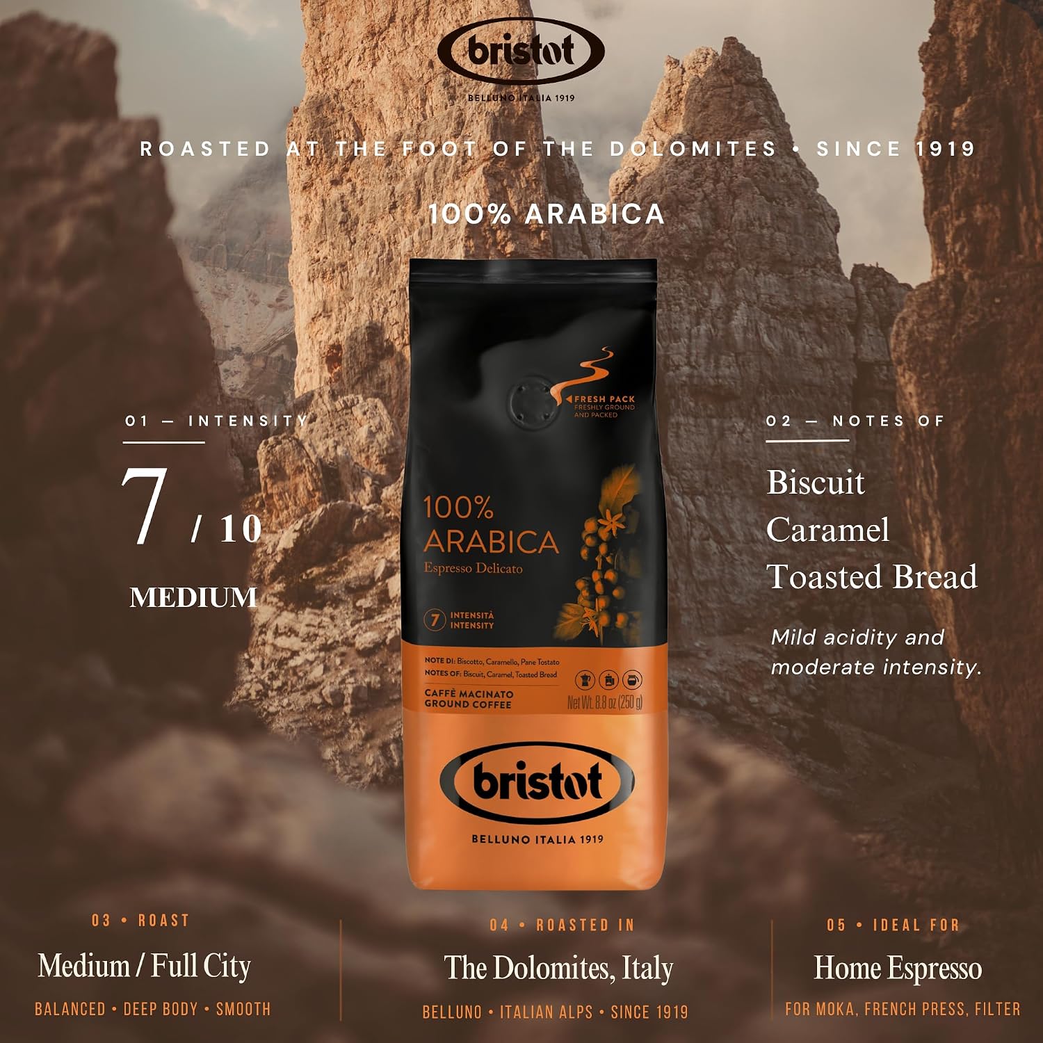 Bristot Espresso Cremoso Italiano Ground Coffee – Medium Roast, Rich & Smooth – 8.8oz (250g) Bag – Italian Ground Espresso for Home Machines