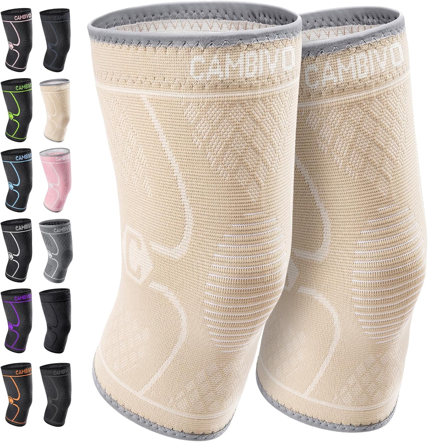 CAMBIVO 2 Pack Knee Braces for Women & Men, Knee Compression Sleeves for Knee Pain Relief, Knee Support with Non-Slip Silicone, Breathable, for Running, Workout, Weightlifting & Daily Use, Arthritis Support (Black, Medium)
