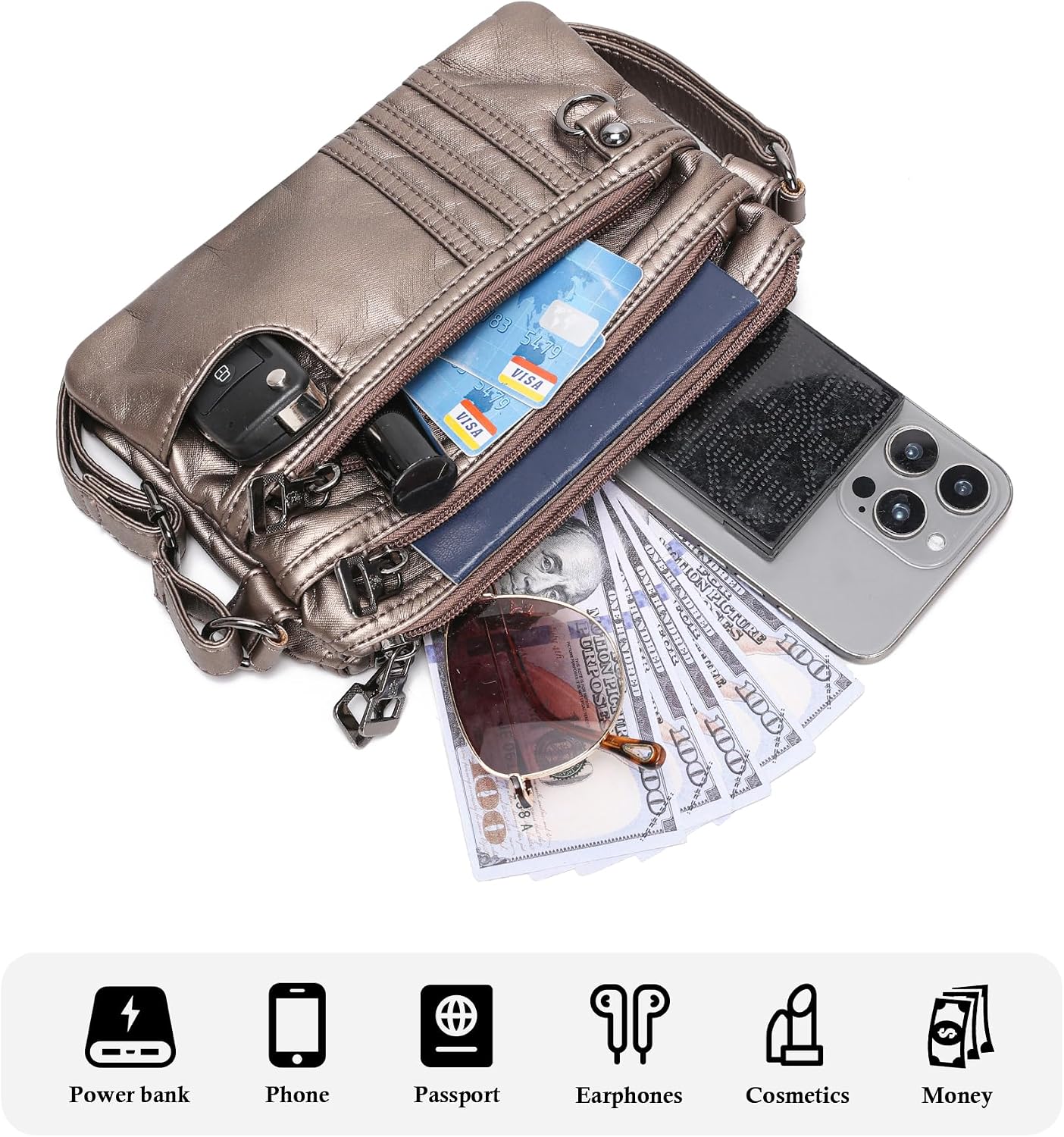 MINICAT Multi Pocket Small Crossbody Purses for Women Everyday Shoulder Bag | Lightweight Organizer, Cross body Bag with Multiple Zipper Pockets, Vegan Leather, Phone Purse for Travel Casual Daily