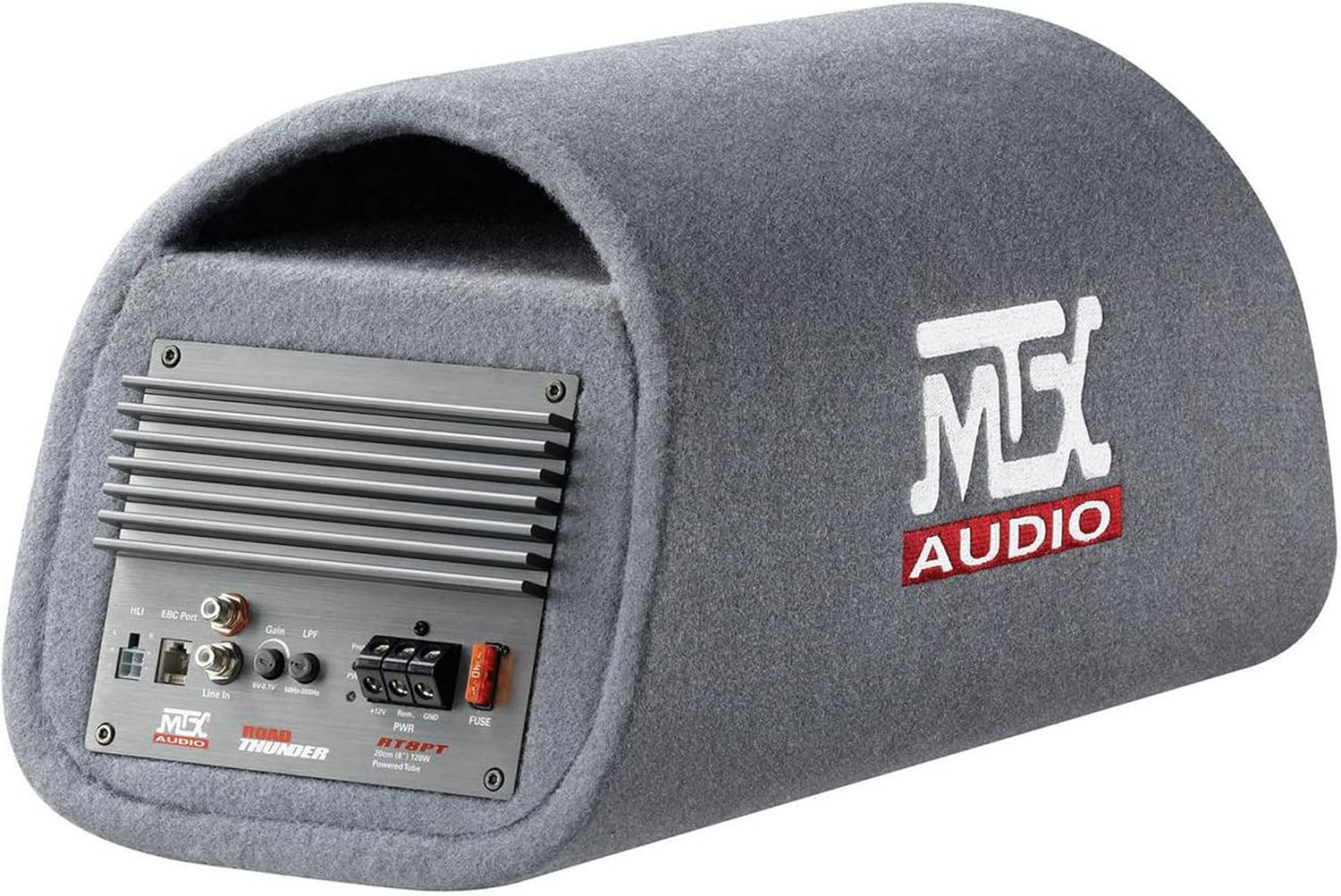 MTX Audio RT8PT 8 Inch 240 Watt Car Loaded Universal Powered High Performance Amplified Tube Box Vented Subwoofer Enclosure, RCA Connectivity
