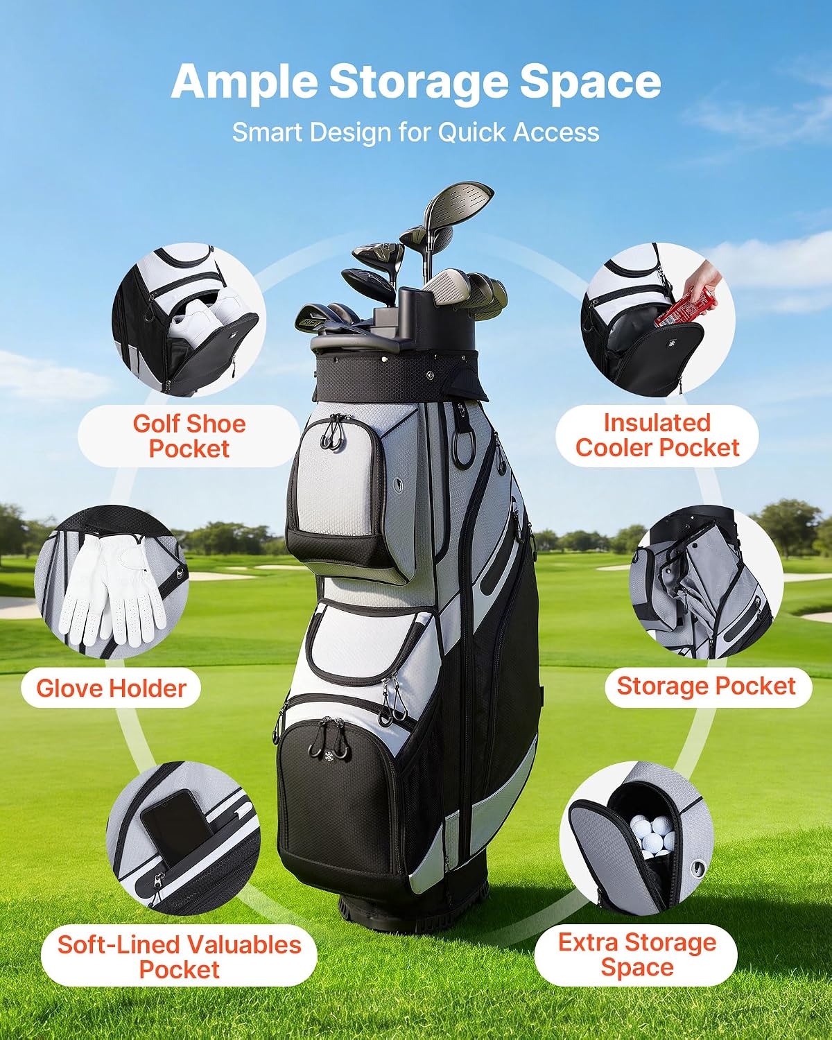 VEVOR Golf Cart Bag, 14 Way Molded Lock Top Divider Organizer, Golf Club Bag with Full-Length Divider, Handles, Storage Pockets, Shoulder Strap, Rain Hood, Smooth Zippers for Men & Women