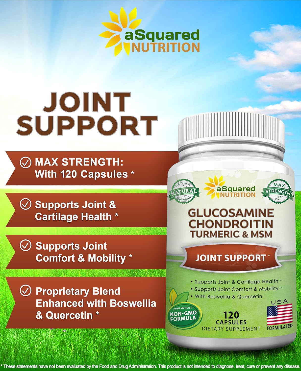 aSquared Nutrition Glucosamine Chondroitin Turmeric MSM Boswellia - 120 Capsules - Joint Support Supplement - Joint Support Relief Pills for Health