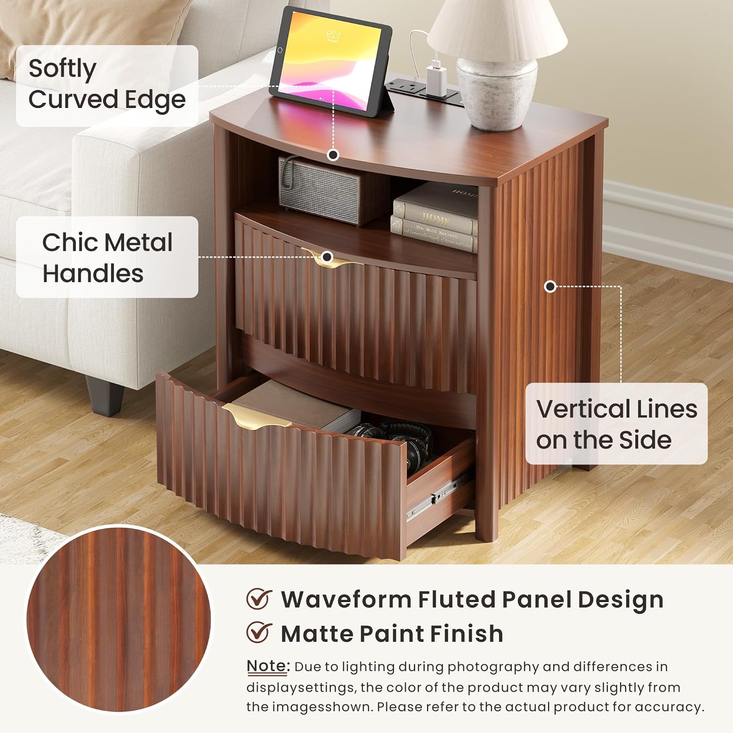 Dystler Fluted LED Night Stand with Hidden Gun Drawer & Charging | 19.7" W Curved Smart Bedside Table, 3-Color LED lights, 2 Drawers, Nightstand with Card-Lock, End Table for Bedroom, Walnut
