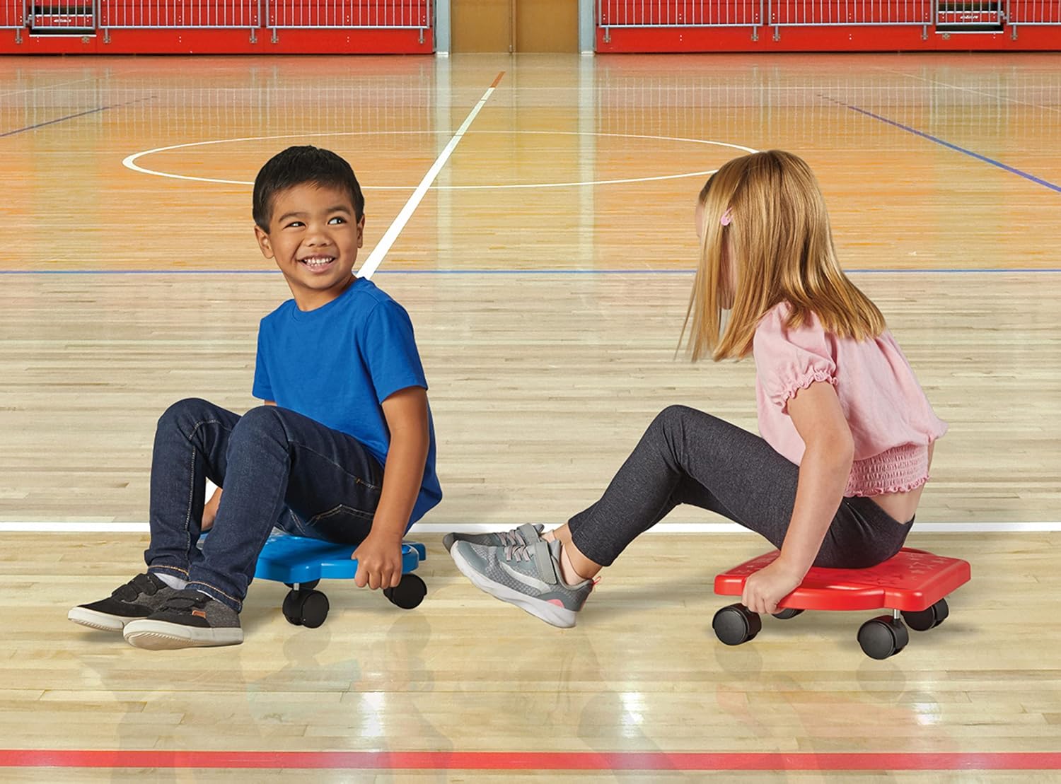 hand2mind Red Indoor Scooter Board with Handles, Sit Down Floor Scooter, Gym Activities for Kids, Indoor Sport Recess Games