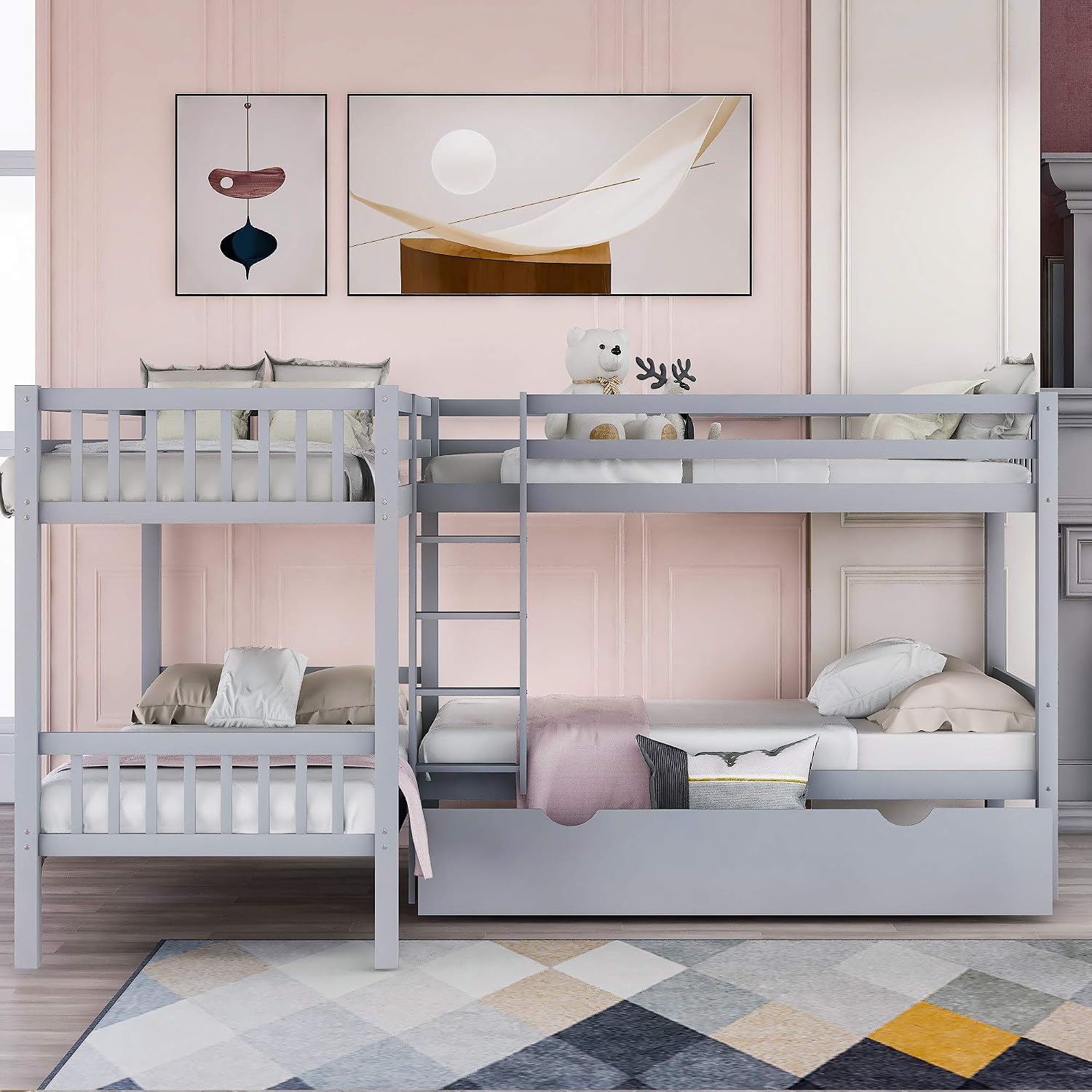 Harper & Bright Designs Twin L-Shaped Bunk Bed with Trundle, Can be Divided into Two L-Shaped Beds, No Spring Box Needed (Grey)
