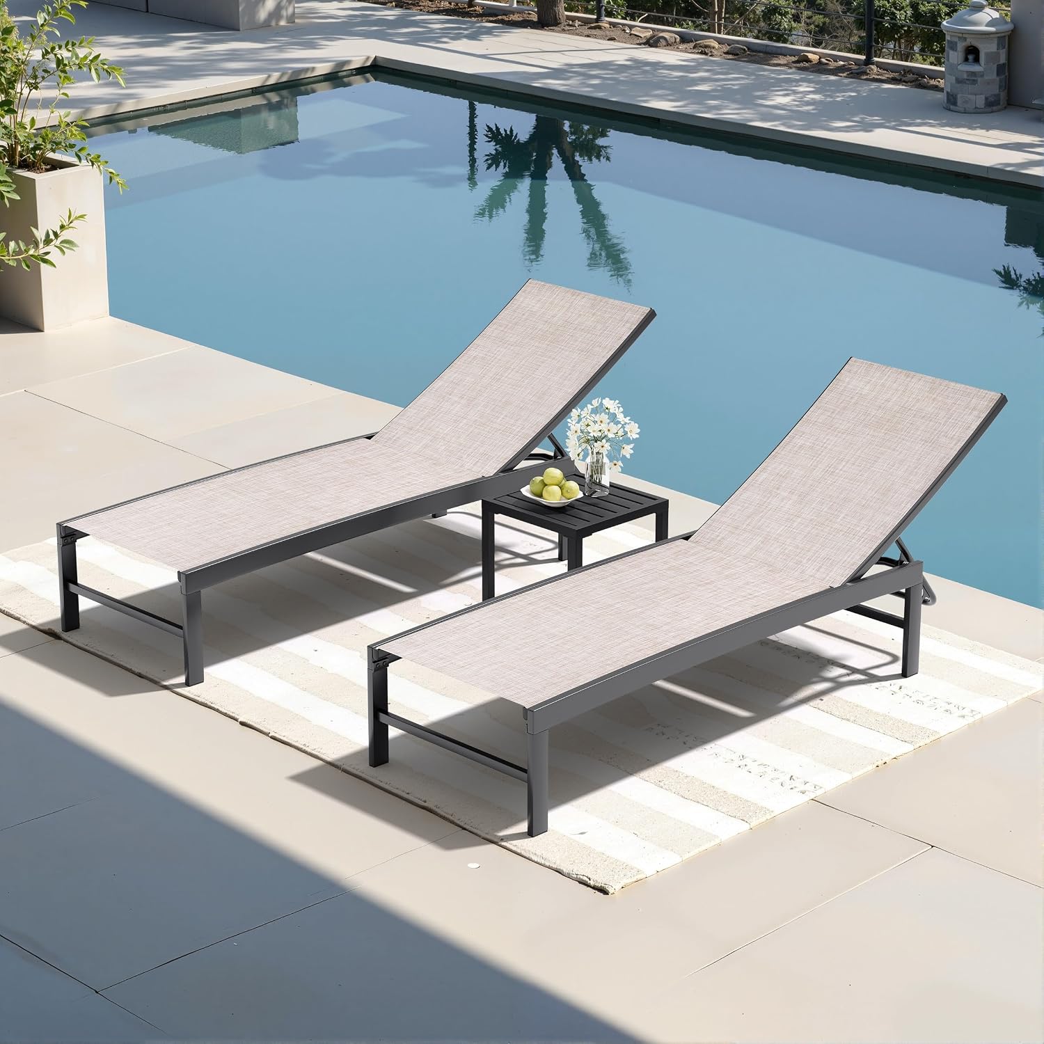 Crestlive Products Outdoor Pool Lounge Chairs Set of 2 with Side Table, Adjustable Five-Position Recliner for Beach, Pool, Sunbathing, Lawn