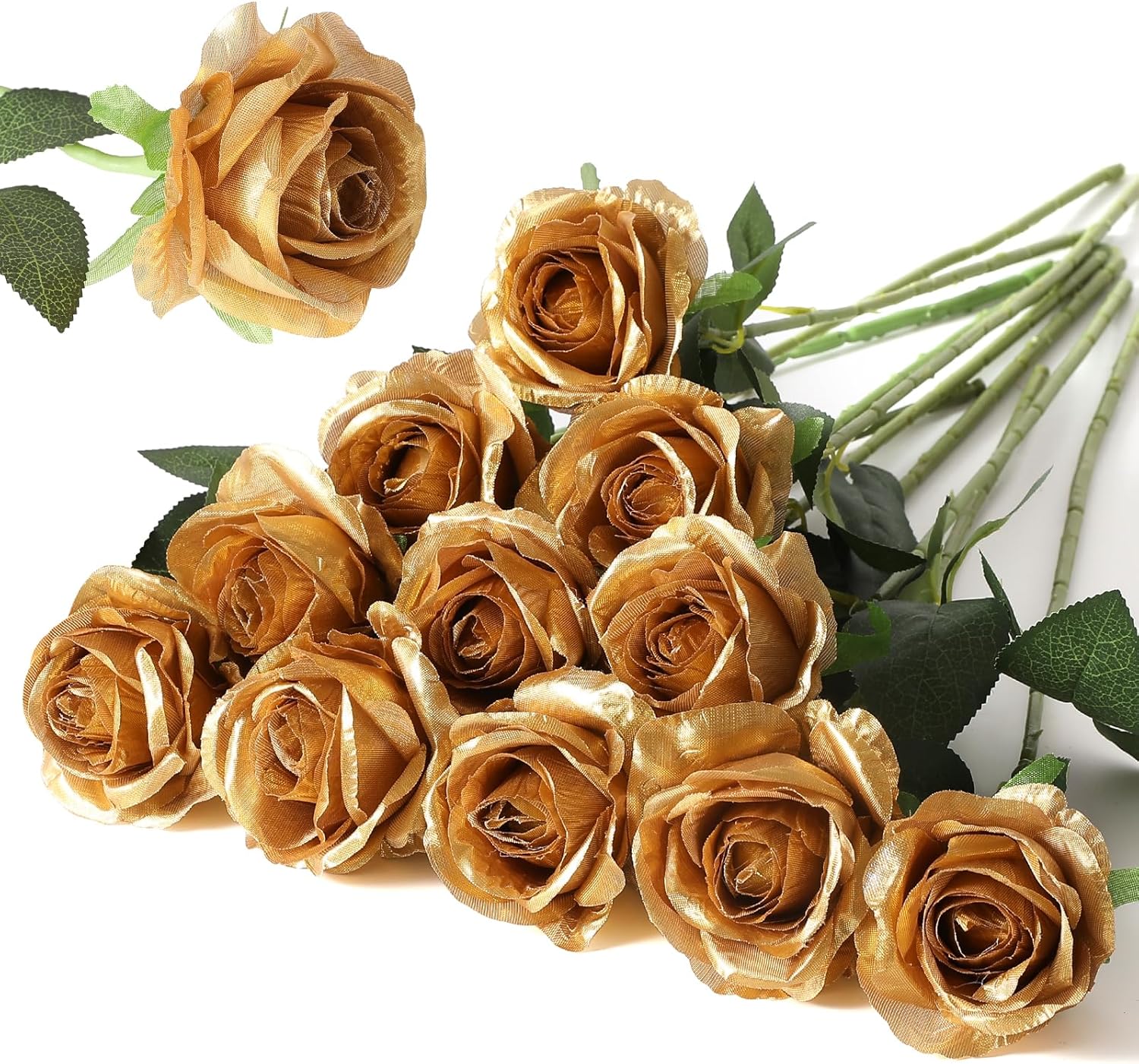 Hawesome 12PCS Artificial Silk Flowers Realistic Roses Bouquet Long Stem for Home Wedding Decoration Party (Yellow, 6 Flowers 6 Buds)