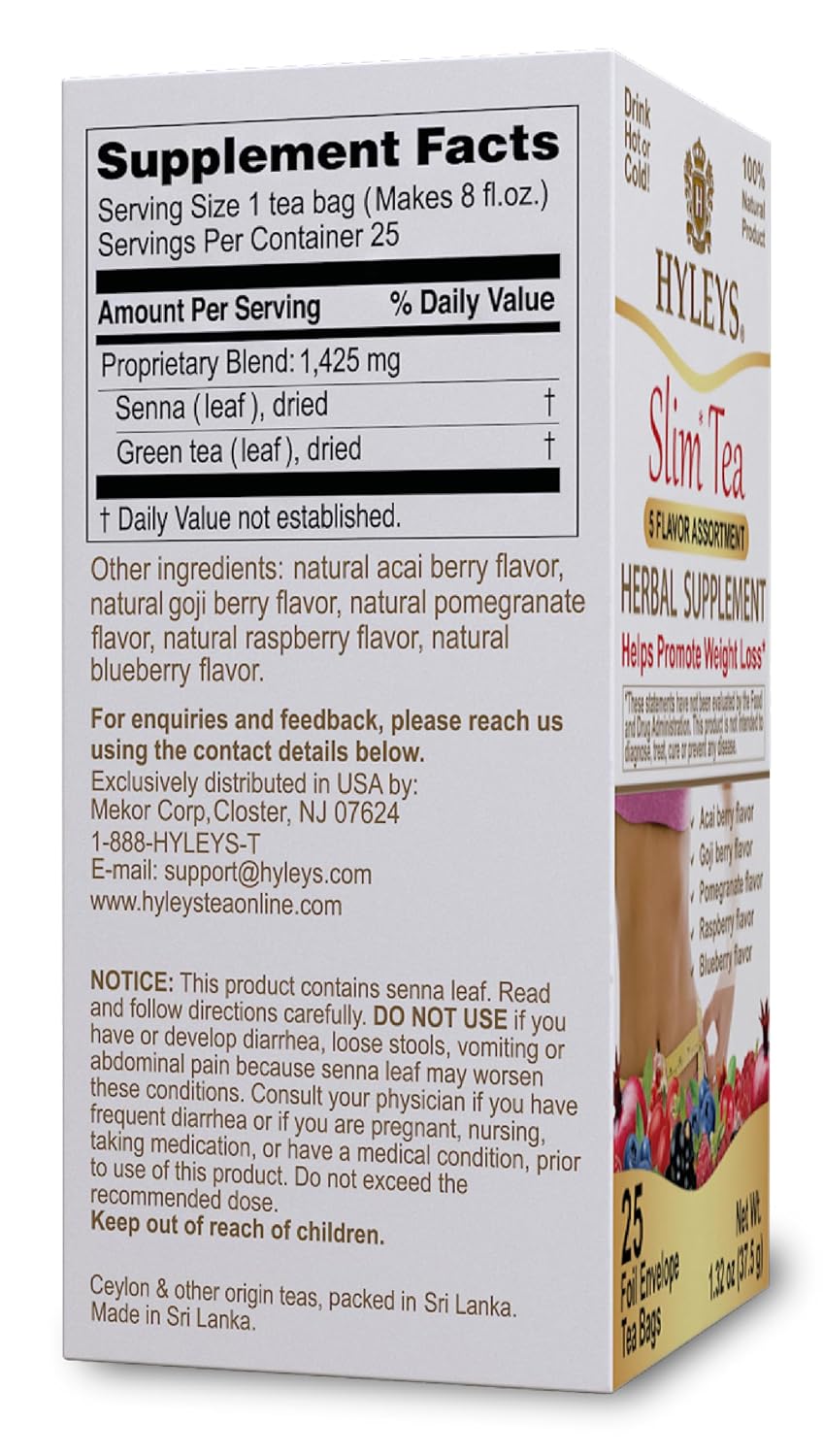 HYLEYS Slim Tea Goji Berry, Weight Loss Detox, Slimming Diet Tea, 25 Bags | Green Tea, Senna Detox & Cleanse, 3 Natural Ingredients, No Added Sugar, 1-Step Bedtime Routine, Supports Digestion