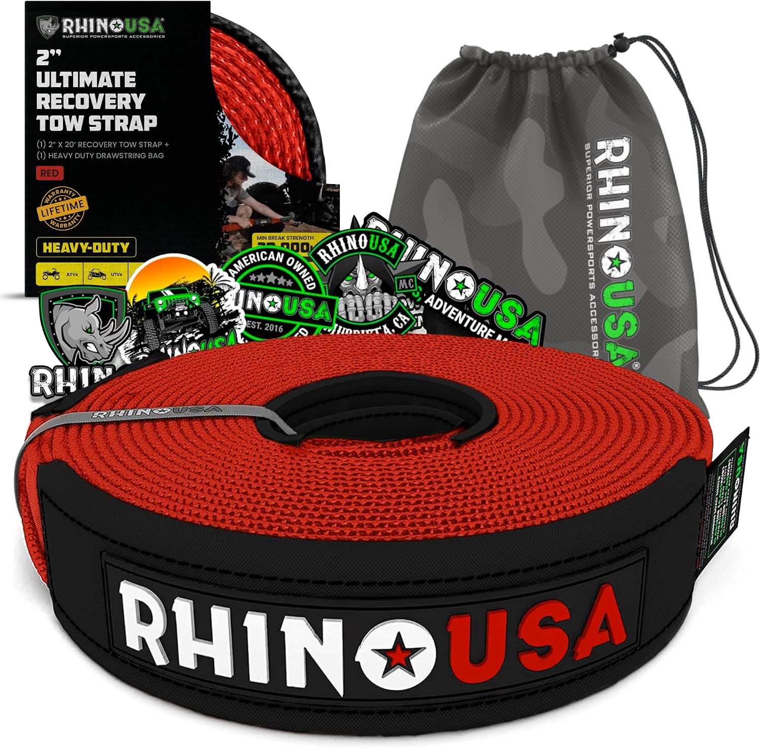 Rhino USA Recovery Tow Strap (3in x 30ft) - 31,518lb Heavy Duty Towing | 31,518lb Break Strength Emergency Tow Strap, Extended 30ft Length. For Truck, UTV, ATV & Jeep Offroad Recovery. Black