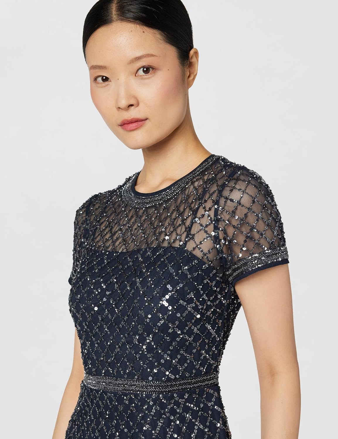 Adrianna Papell Womens Short-Sleeve Grid Beaded Gown
