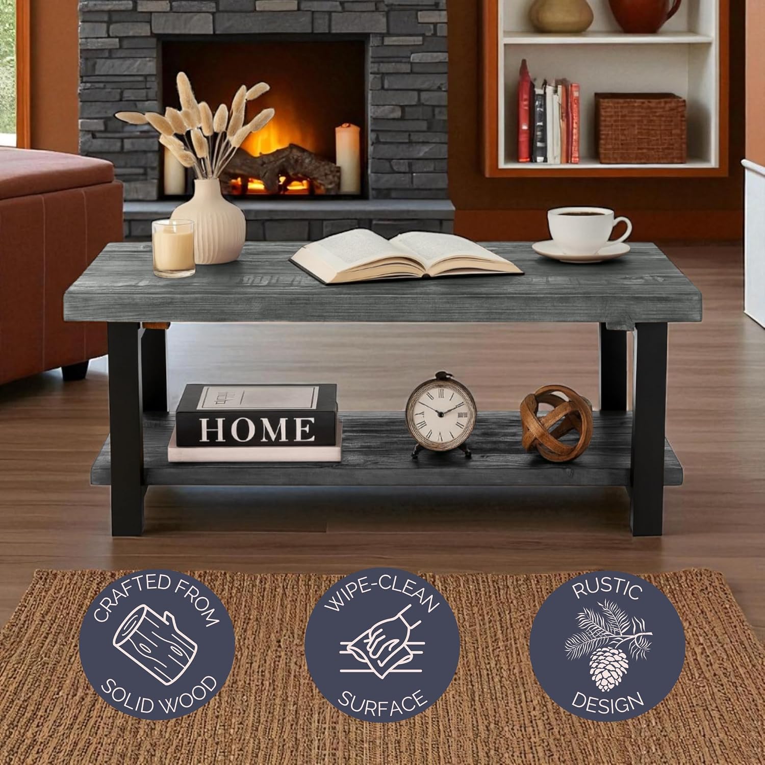 Alaterre Furniture Pomona Solid Wood 2-Tier End Table, Rustic Brown, 27” | Nightstand with Storage Shelf and Metal Legs, Industrial Farmhouse Chair Side Table for Living Room or Bedroom