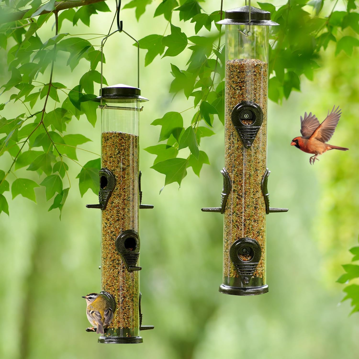 MIXXIDEA 1PK Metal Bird Feeders with 6 Feeding Ports, Tube Bird Feeder with Steel Hanger, Hard Plastic Wild Bird Feeder for Outdoors Hanging