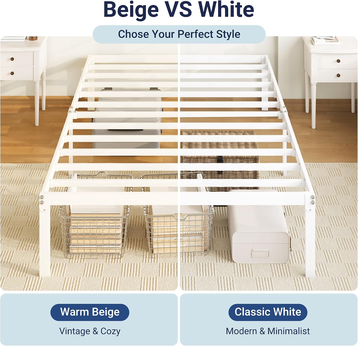 Allewie Full Size Bed Frame, 14 inch Metal Platform Beds with Storage Space, No Box Spring Needed and Easy Assembly, White