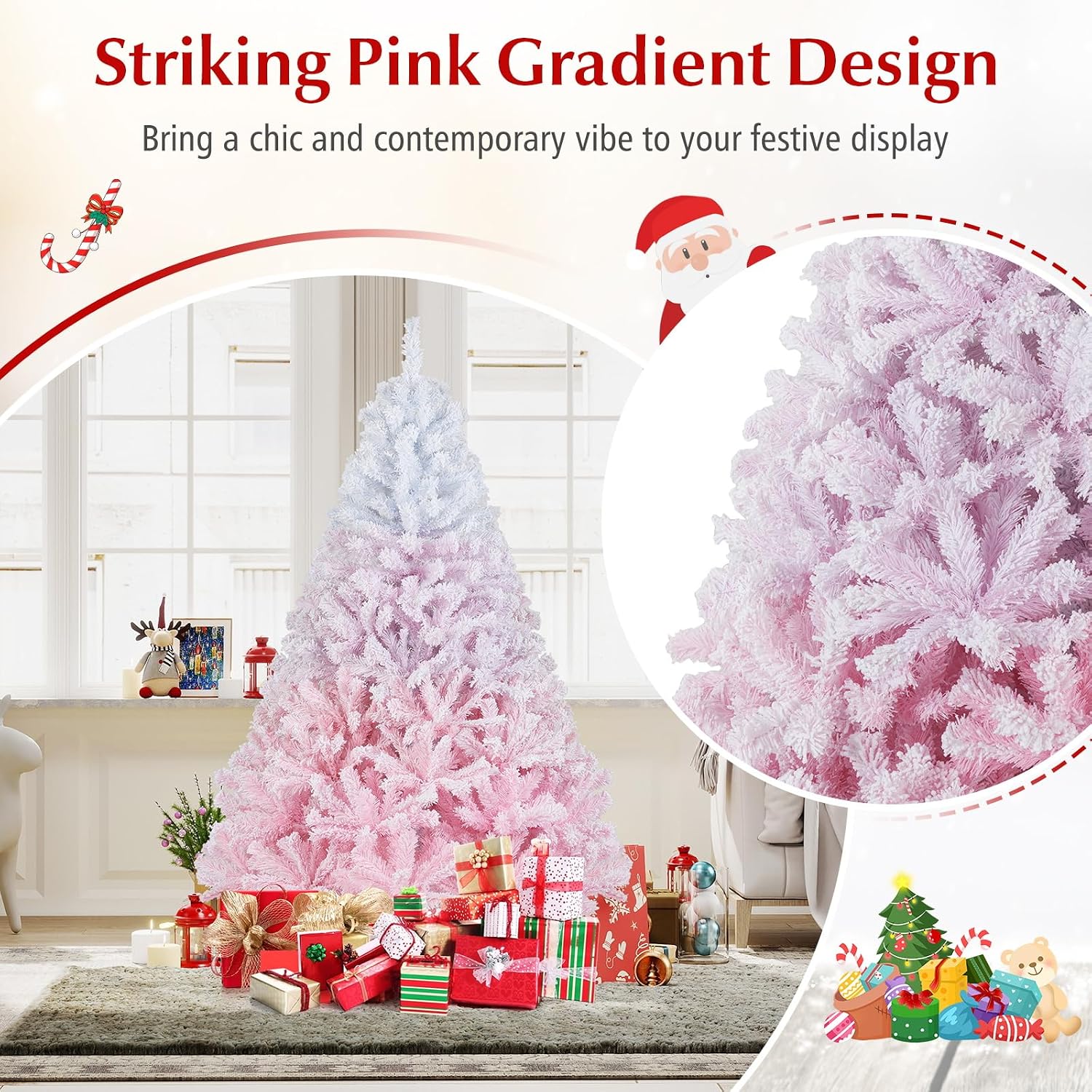 Goplus 7.5ft Pre-Lit Artificial Christmas Tree, Premium PVC Snow Flocked Hinged Pine Tree with Metal Stand and LED Lights