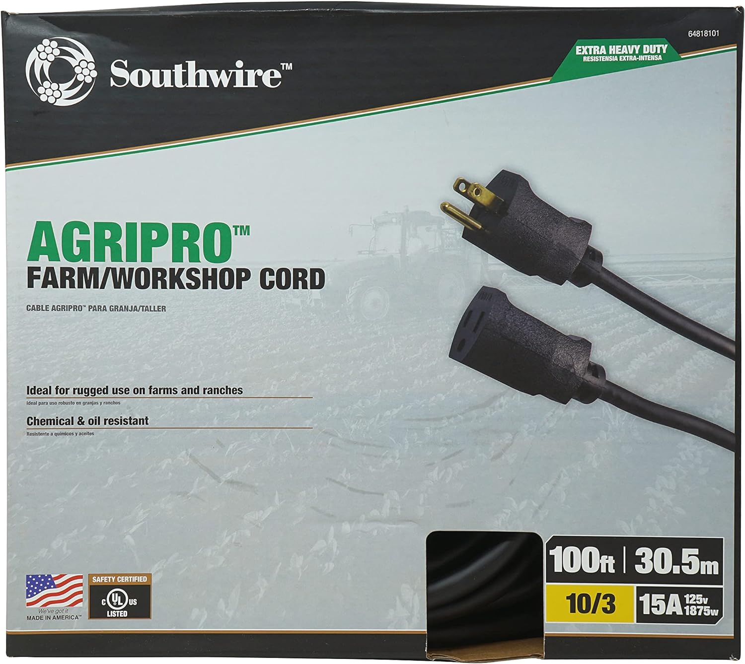 Southwire AGRIPRO 12/3 Heavy Duty Extension Cord, 25ft, Farm/Workshop Cord, SJTOW, Black, 67729001