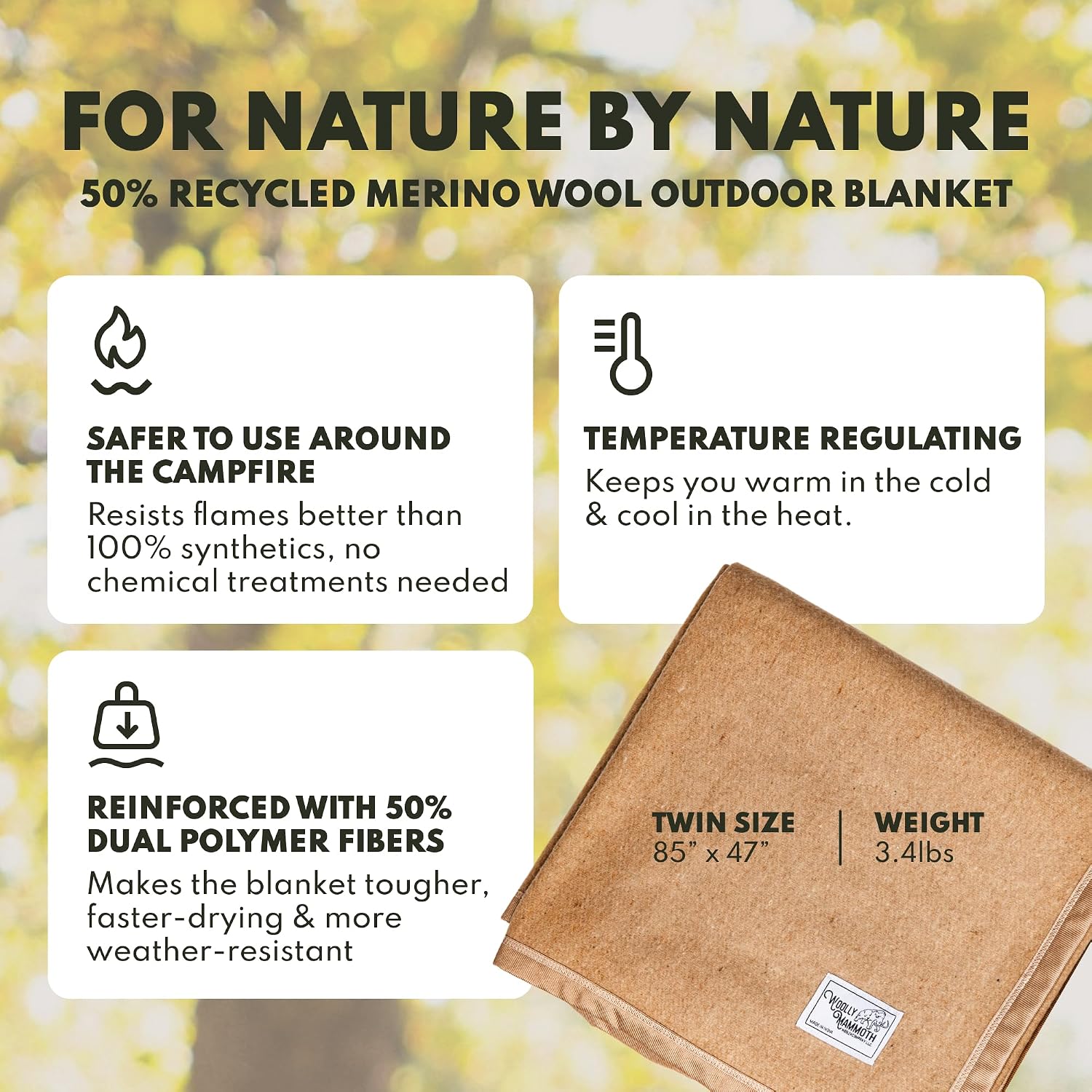 Woolly Mammoth Woolen Company Merino Wool Blanket, 66" x 90" Moss | Temperature Regulating - Fire-Resistant - Warm Camping Blanket for Car Emergency Kits, Picnics, Summer Festivals and Stadiums