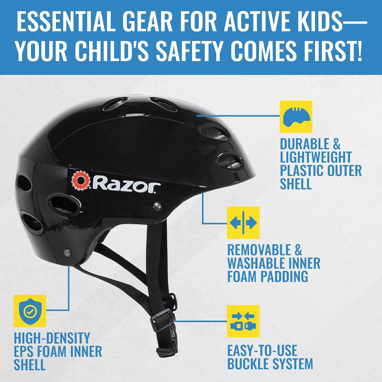 Razor V-17 Youth Multi-Sport Helmet - CPSC Approved Kid’s Helmet with Adjustable Strap - Durable Helmet with Foam Padding for Biking, Skating, and Other Outdoor Sports