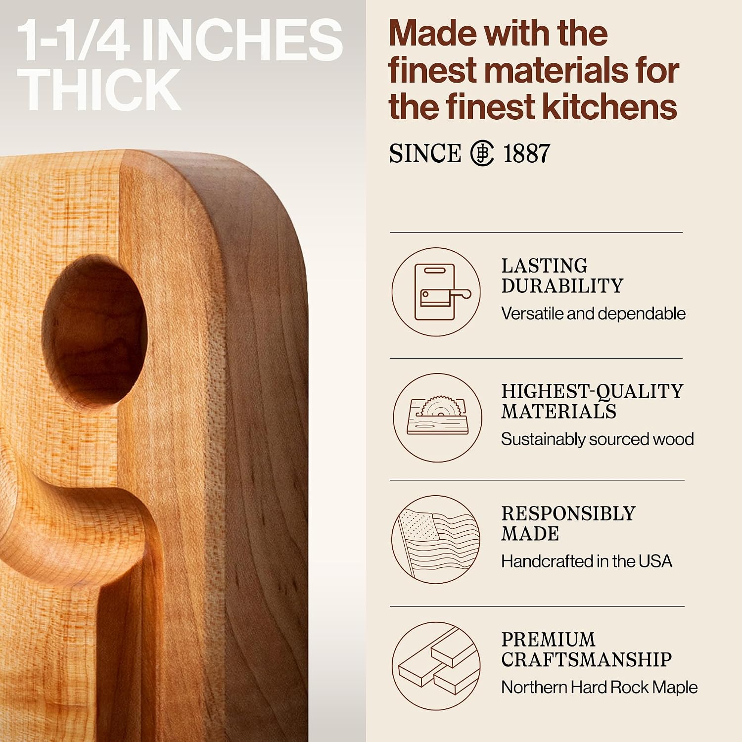 John Boos Prestige Series Rectangular Wooden Maple Cutting Board 16”x10” – 1.25” Thick, 6-lb Reversible Butcher Block with Juice Groove, Edge-Grain & Finger Grip Hole – Made in the USA | 1.25” Thick, 6-lb Butcher Block with Juice Groove, Edge-Grain & Fin…