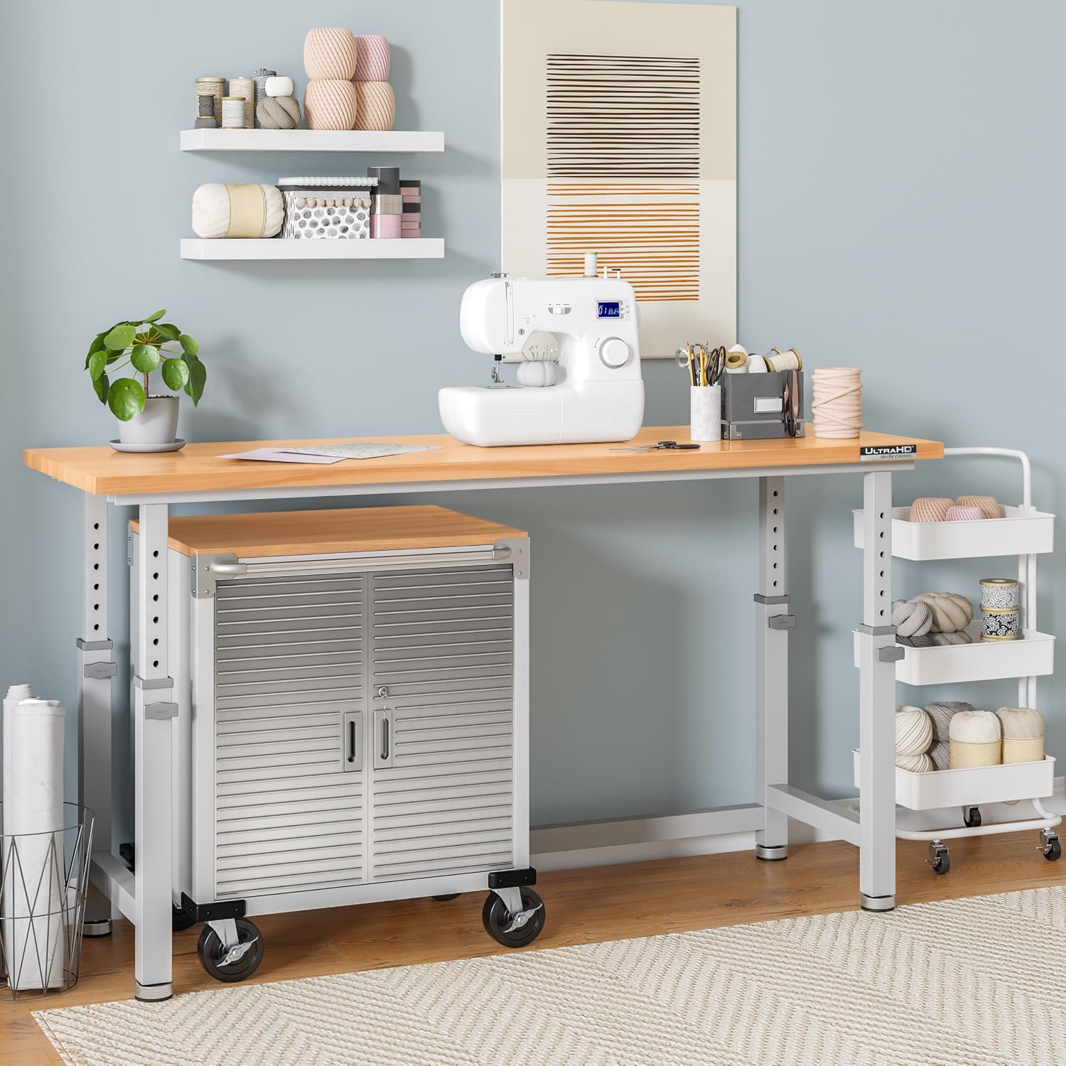 Seville Classics UltraHD Heavy Duty Rolling Cabinet Workbench Table w/Solid Wood Top, Workstation for Garage, Office, Workshop, Granite, 6-Drawer (28" W x 18" D