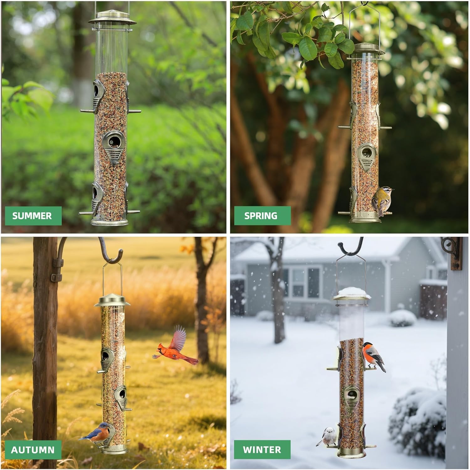MIXXIDEA 1PK Metal Bird Feeders with 6 Feeding Ports, Tube Bird Feeder with Steel Hanger, Hard Plastic Wild Bird Feeder for Outdoors Hanging