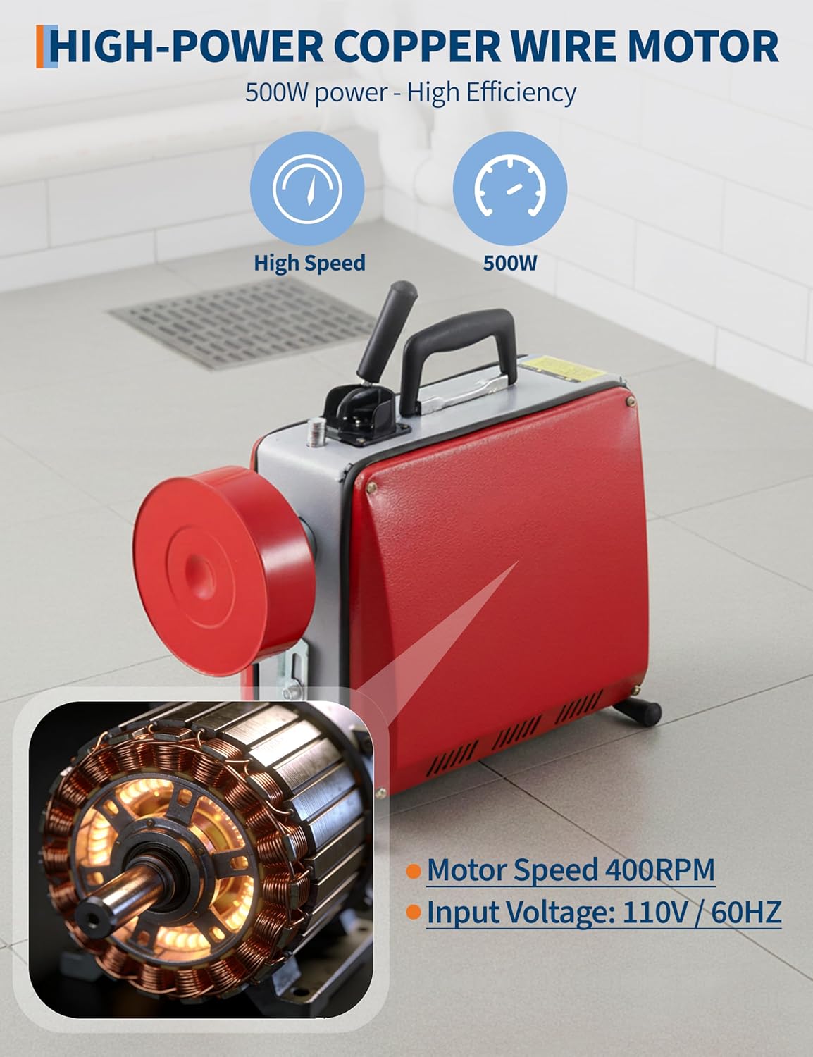 Electric Drain Cleaner Machine, Portable 66Ft & 16Ft Sewer Snake Auger with 6 Cutters, Professional Drain Cleaning Tool for 1-4 Inch Pipes in Sinks