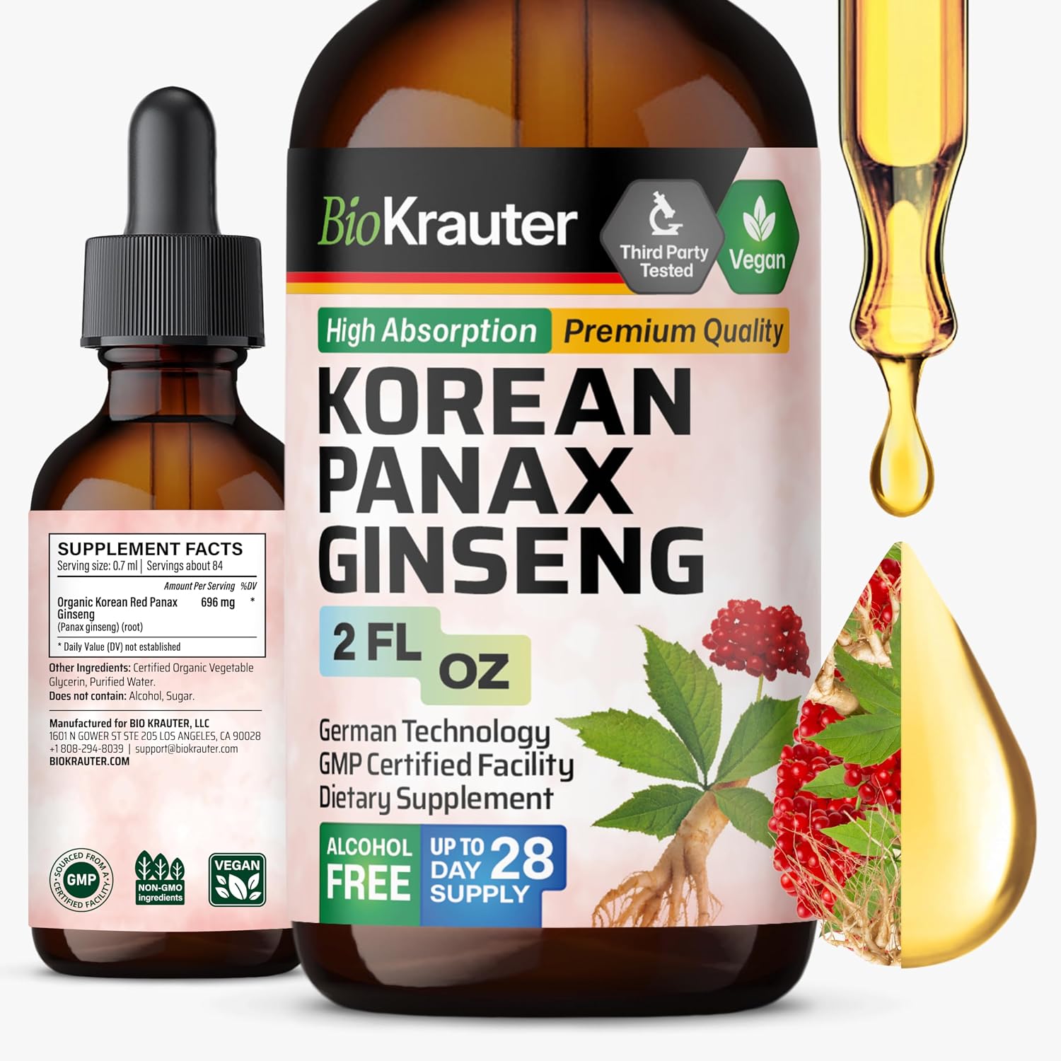 BIO KRAUTER Korean Panax Ginseng Tincture, Immune & Energy Support, 4 Fl.Oz