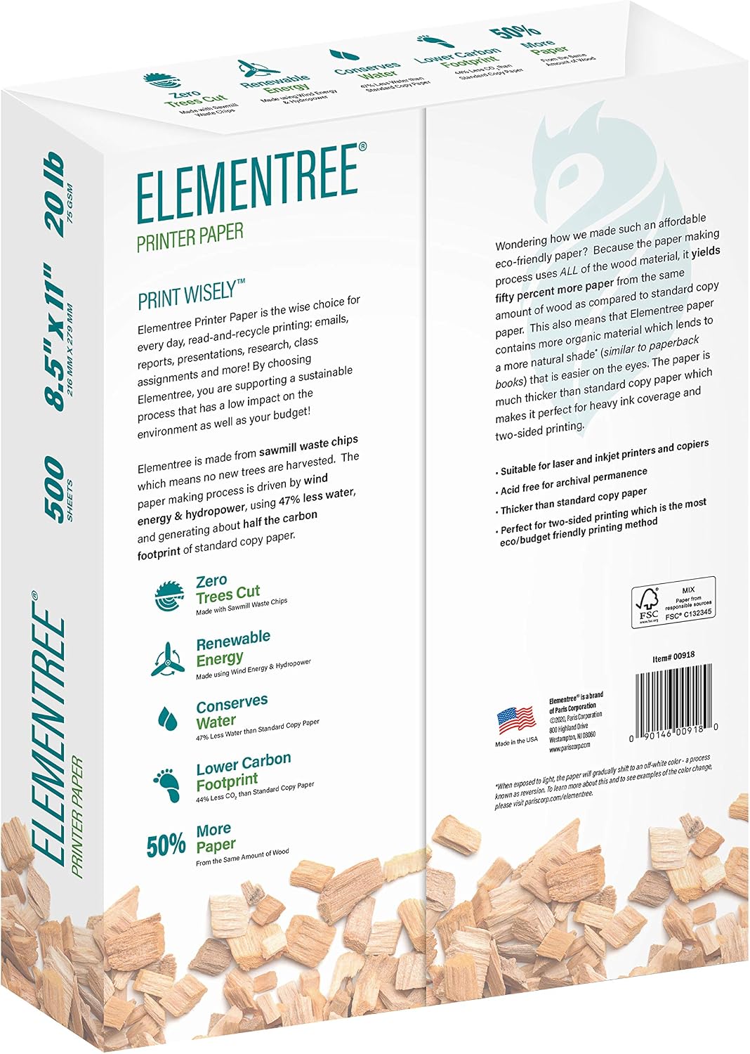 Elementree Sustainable Printer Paper 8.5" x 11" - Made from Sawmill Waste - 20 lb Copy & Multipurpose Computer Paper - 375 Reams, 75 Cartons, 187
