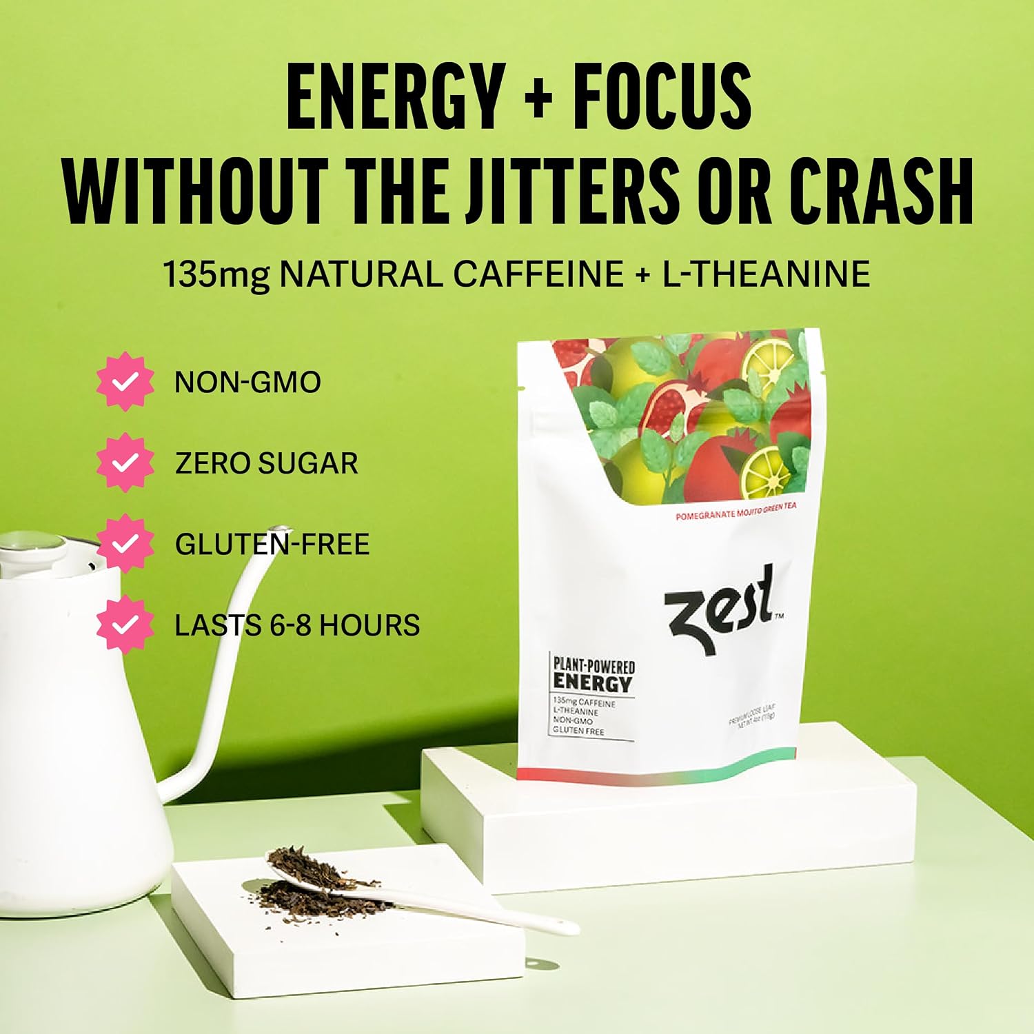 Zest Energy Green Tea – Pomegranate Mojito High Caffeine Tea Bags for Focus & Morning Energy – Natural Caffeinated Tea with 135mg Caffeine – Coffee Substitute – 20Ct Pack, Non-GMO & Keto Friendly