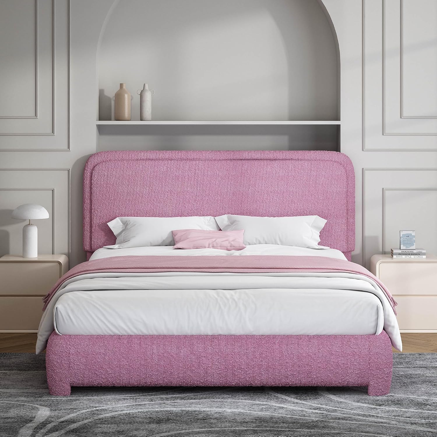BarnFurin Full Bed Frame, Cloud Boucle Headboard, Rounded Corners, White | Soft boucle and rounded edges create a low-profile cloud look. Wooden slats support the mattress without a box spring