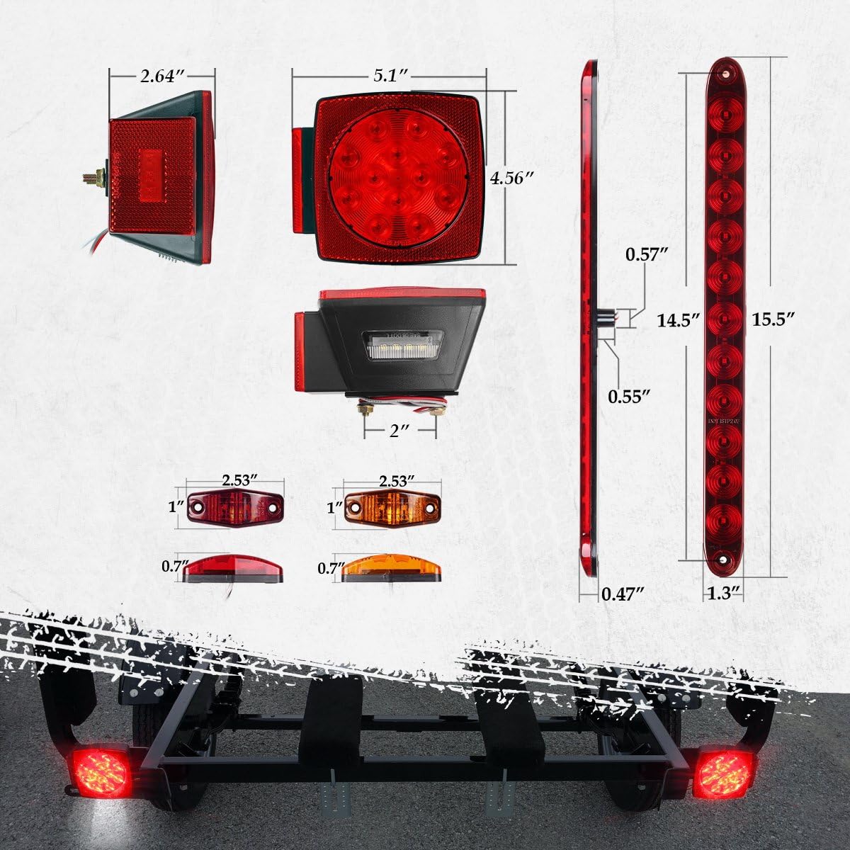 Partsam Submersible Under 80" LED Trailer Light Kit, Square Stop Turn Tail RV Truck Lights w/Wire &Bracket, Red/Amber Side Fender Marker Lamps