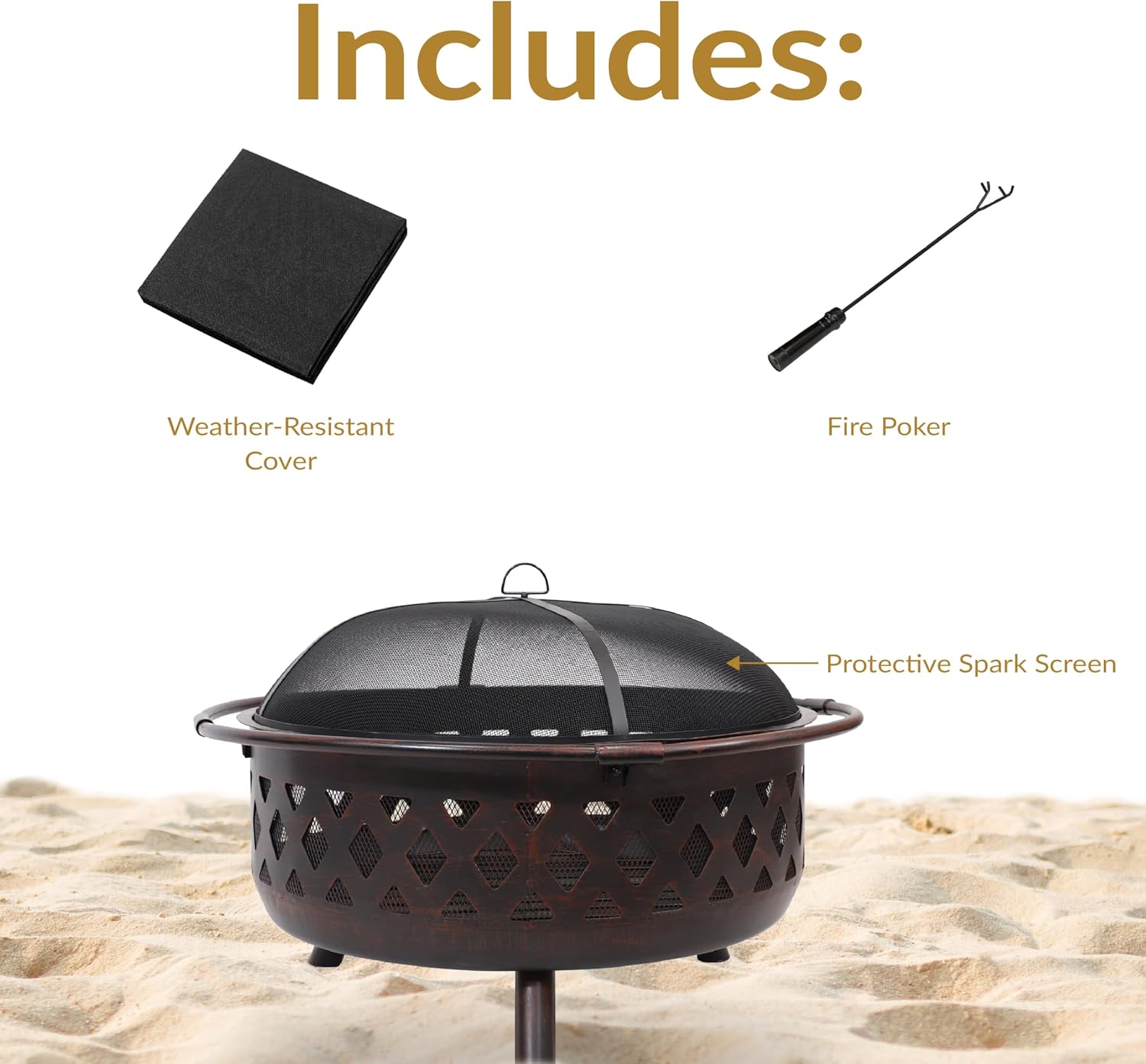 Sunnydaze Crossweave Large Outdoor Fire Pit, Wood Burning, Round, 36" | Black, Heavy Duty Steel Metal, Patio Fire Pit with Spark Screen, Poker, & Cover, Wood Firepit for Outside, Backyard, or Deck