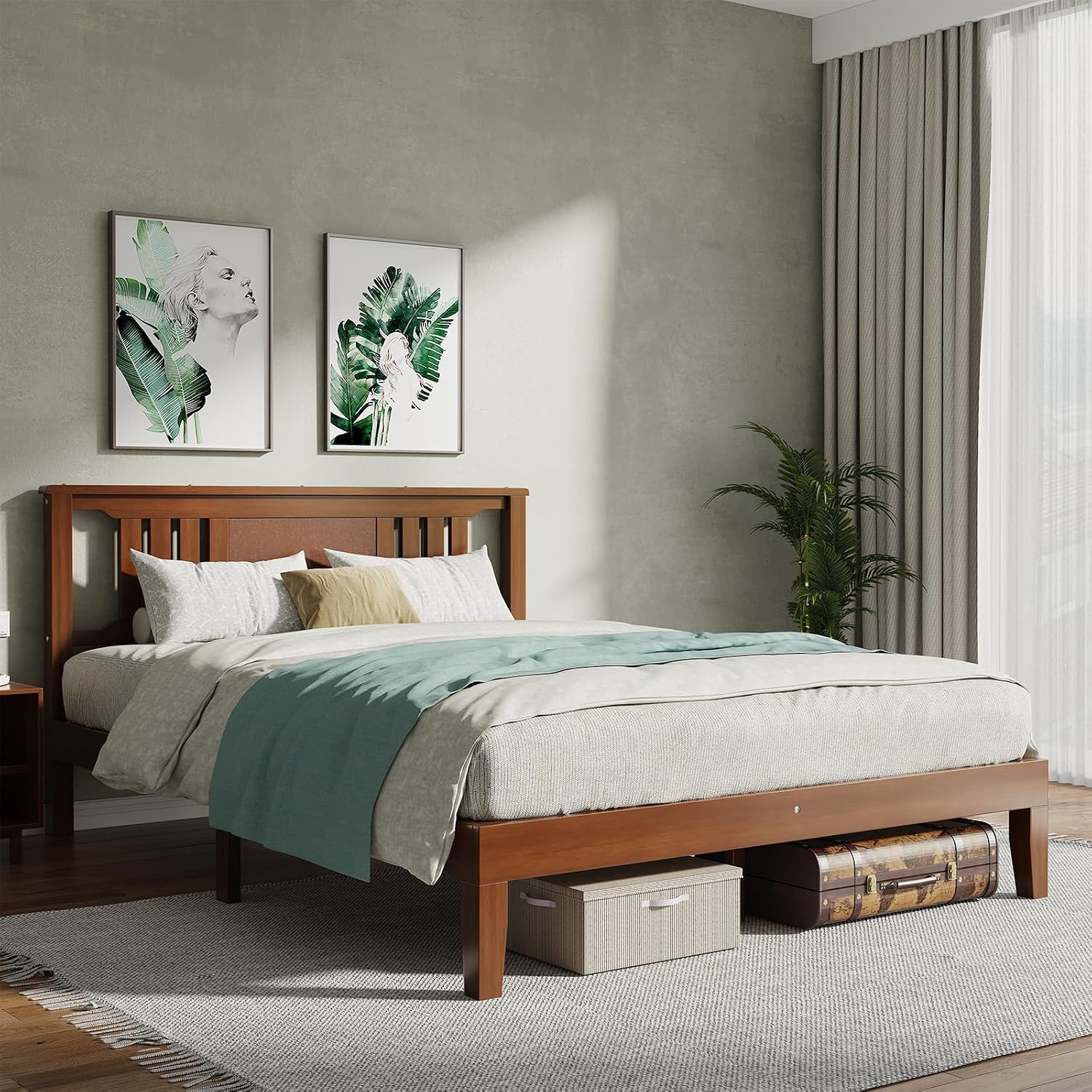 Solid Wood Bed Frame, Queen Size Platform Bed Frame with Headboard, Sturdy Wood Slat Support, Heavy Duty, No Box Spring Needed, Noise-Free, Easy Assembly