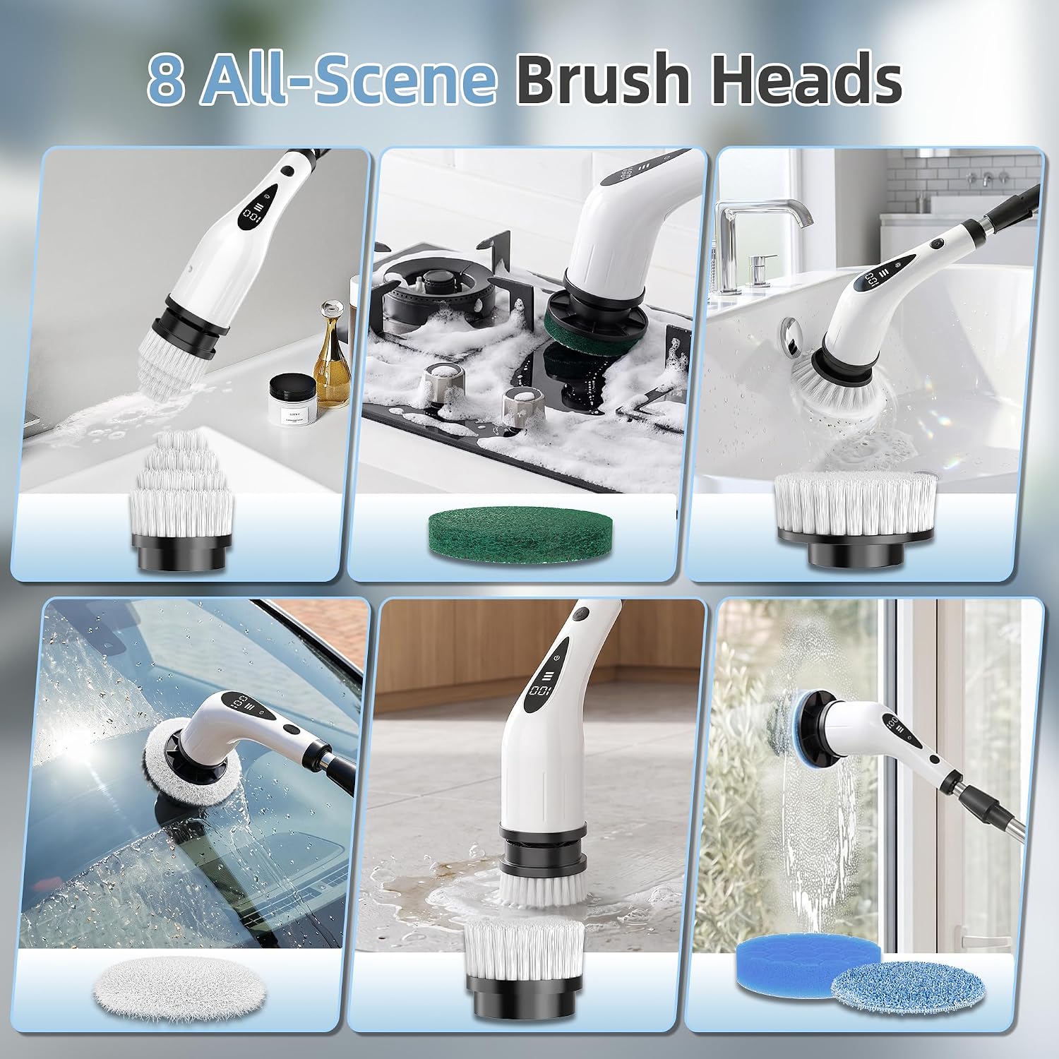 Electric Spin Scrubber, 3-Speed Flat End Brush with 8 Brush Heads & Base, IPX7 Waterproof, Adjustable Long Handle, Digital Display, 2500mAh Fast Charging, for Bathroom, Tub, Tile, Floor