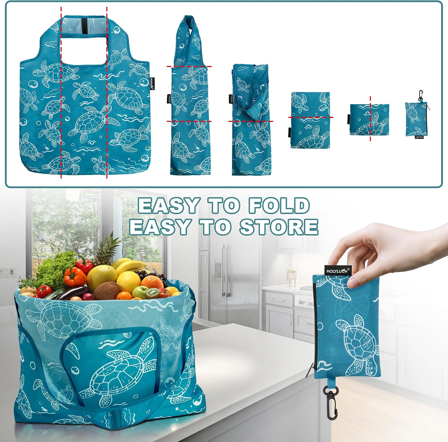 HOLYLUCK Reusable Grocery Bags,Heavy Duty Foldable Shopping Tote Bag (Standard, 3 Blue Geometric Flowers)