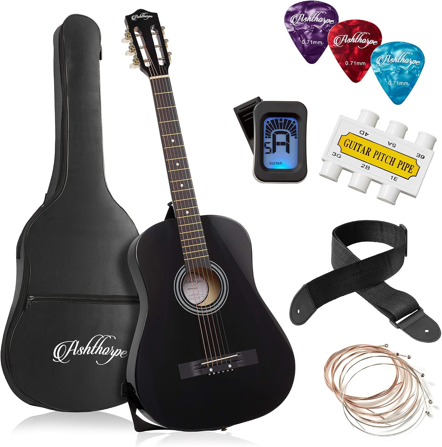 Ashthorpe 38-inch Beginner Acoustic Guitar (Red), Starter Kit with Gig Bag, Extra Strings, Strap, Picks, and Lessons