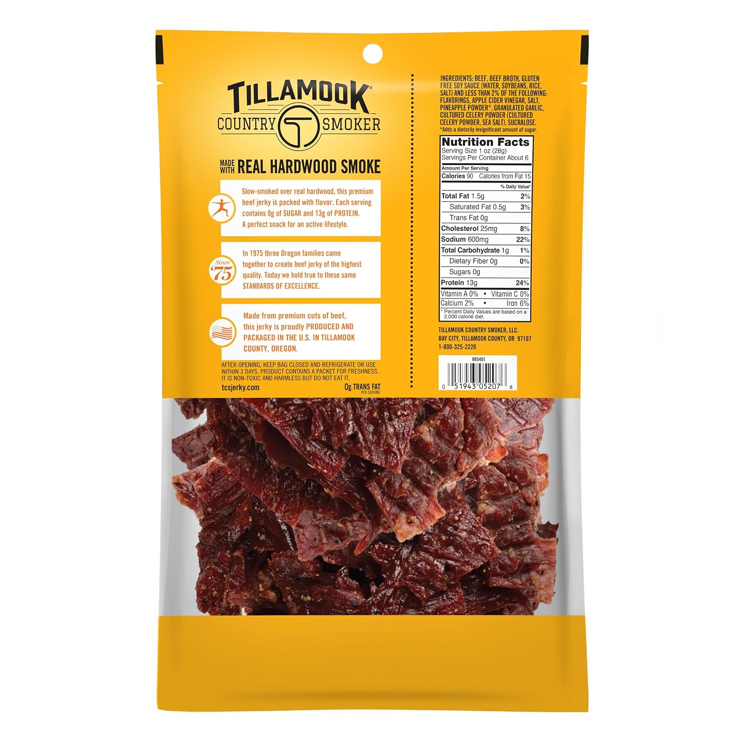 Tillamook Country Smoker Zero Sugar Original Beef Jerky Sticks, 6.5 Oz, 14g Protein, Real Hardwood Slow-Smoked, High Protein, Low Carb Meat Snacks, Keto-Friendly, 0g Sugar & Total Carbs