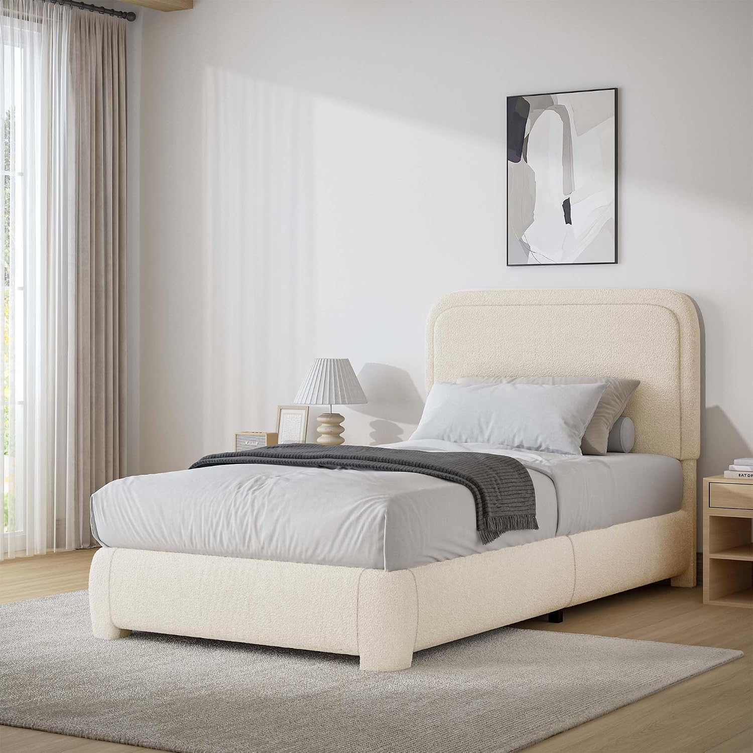 BarnFurin Full Bed Frame, Cloud Boucle Headboard, Rounded Corners, White | Soft boucle and rounded edges create a low-profile cloud look. Wooden slats support the mattress without a box spring