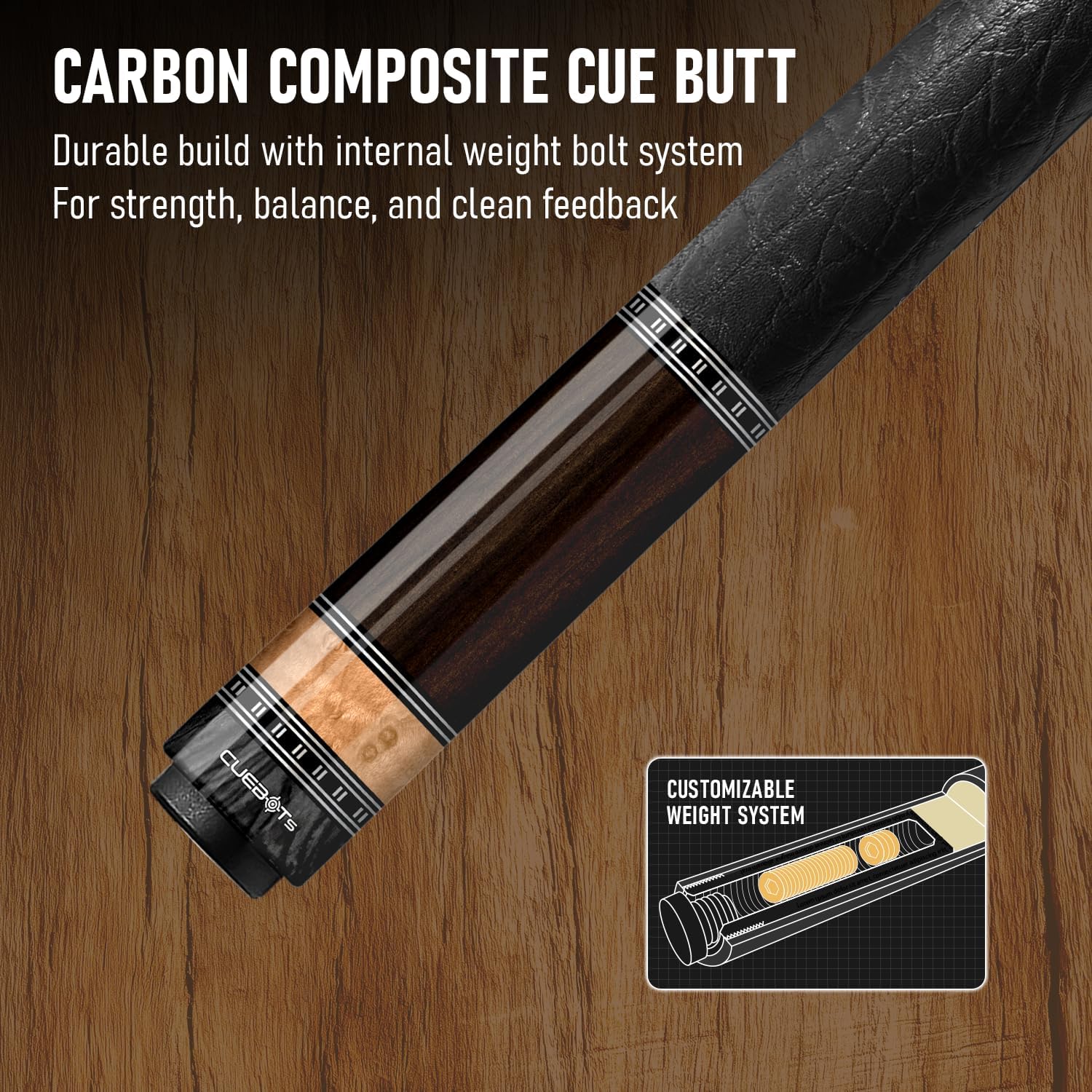 CUEBOTS Glass Fiber Cue, Glass Fiber House Cue Stick, Club Cue, Cue for Beginners, Durable Uni-QR, 3/8-10, 5/16-18 Joint, Long Lasting Glassfiber Shaft, 7-Layer Microfiber Tip