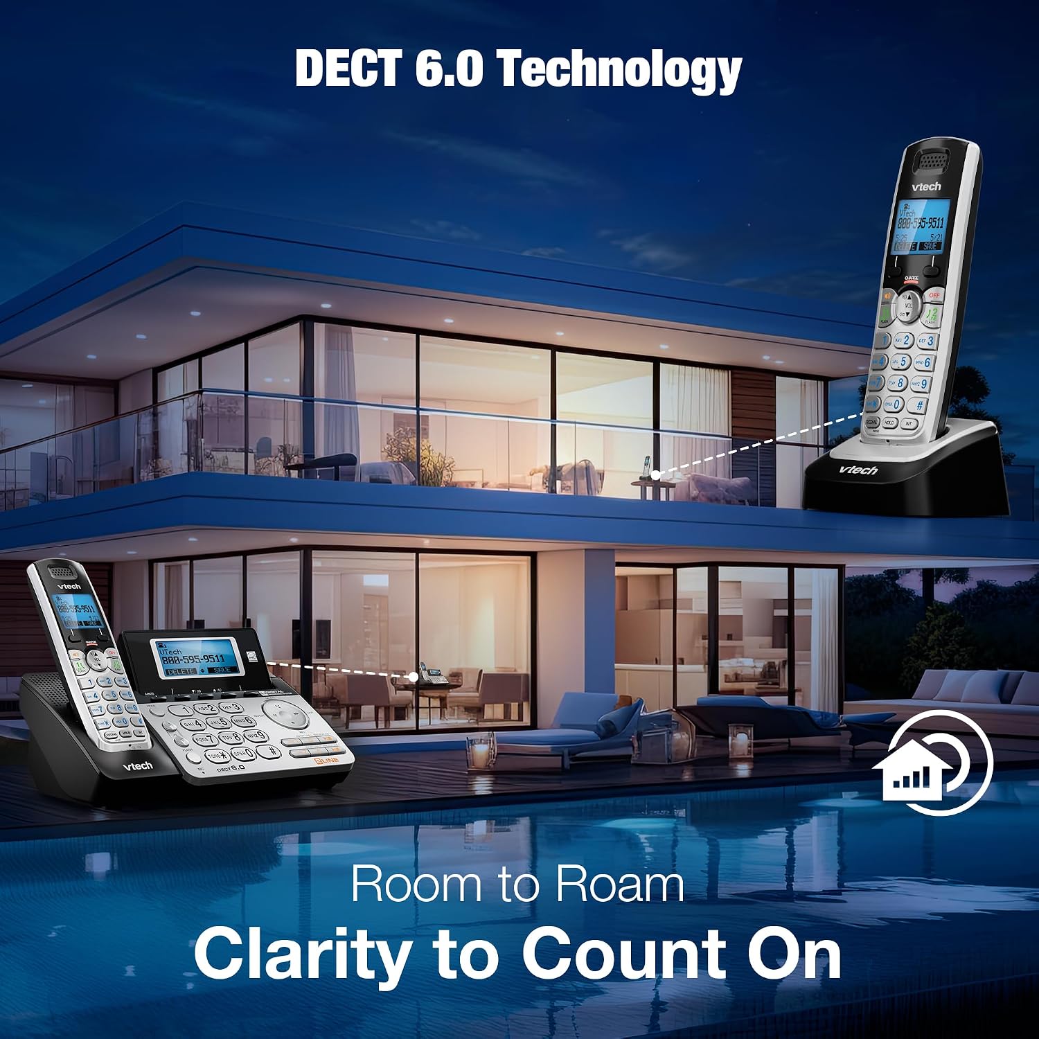 VTech DS6101 Accessory Handset for DS6151 Series, Black/Silver | 2-Line Cordless Phone, Answering System, Expandable up to 12 Handsets, Intercom & Conference