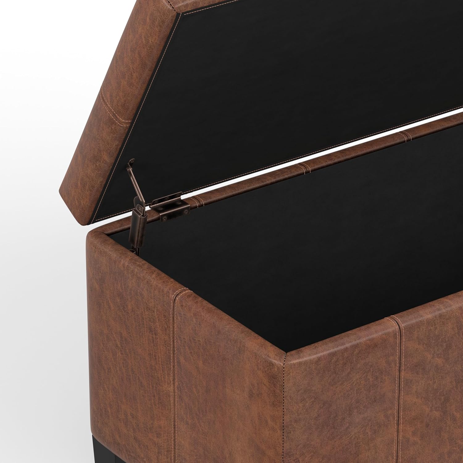 SIMPLIHOME Dover 36" Wide Vegan Leather Storage Ottoman in Midnight Black | Distressed umber brown, contemporary ottoman with lift-top and safety hinges; rectangle storage bench for living room.