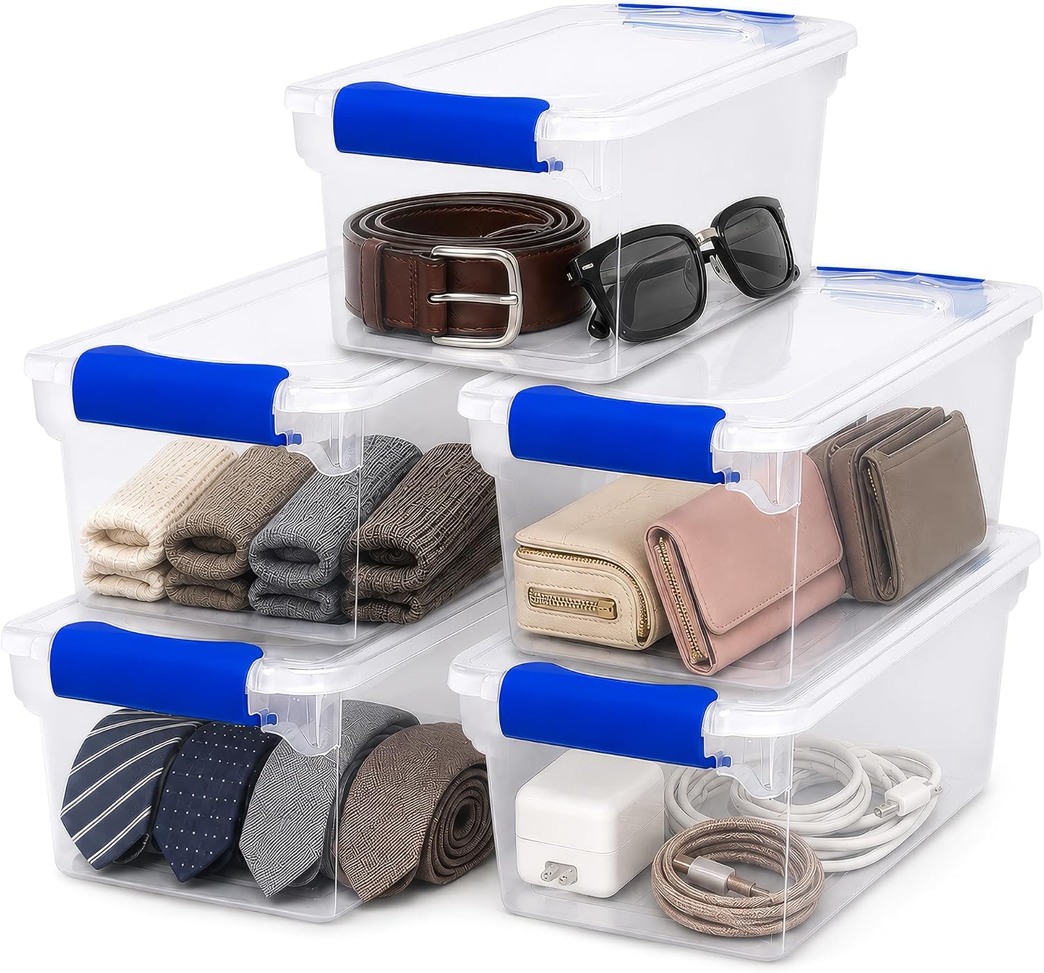 HOMZ Clear Plastic Storage Bins with Latching Lid, 15.5 Qt, Blue, 4 Pack | Stackable Container Set for Home, Office Shelves, Kitchen, Garage, and Bathroom Organization