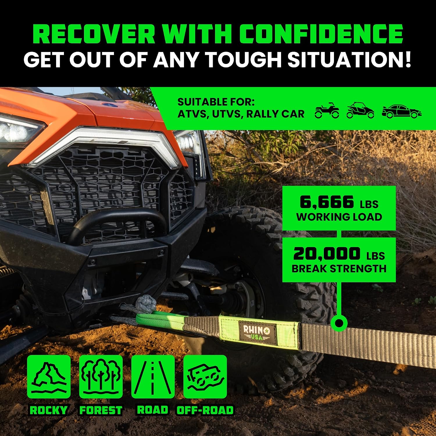 Rhino USA Recovery Tow Strap (3in x 30ft) - 31,518lb Heavy Duty Towing | 31,518lb Break Strength Emergency Tow Strap, Extended 30ft Length. For Truck, UTV, ATV & Jeep Offroad Recovery. Black
