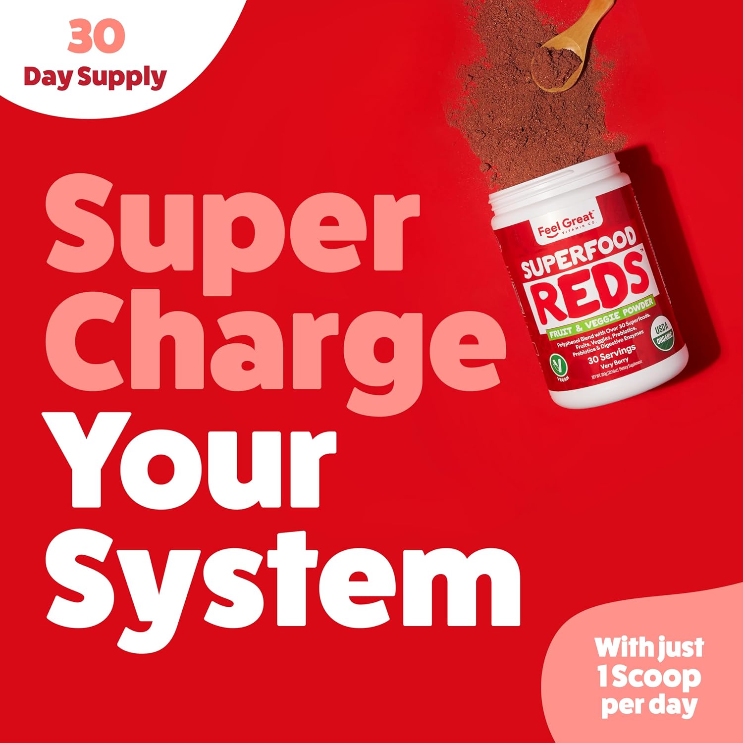​Feel Great Organic Superfood Reds Powder Packed with Beet Root Powder | Digestive Support Including Bloating Relief | Fruit and Veggie