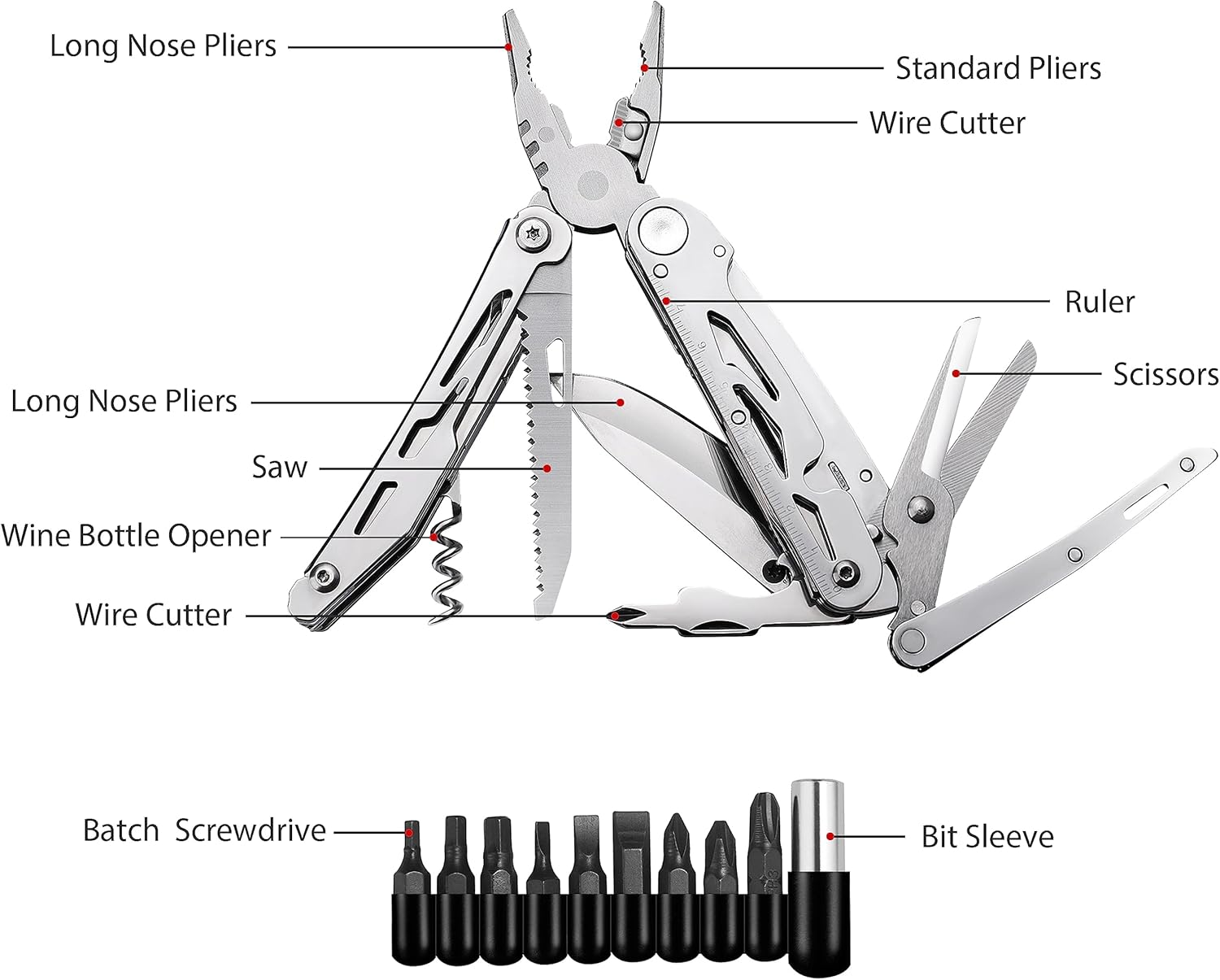 RoverTac 18-in-1 Multitool Pocket Knife with Pliers, Saw, Corkscrew & Detachable Scissors, Multi Tool with Safety Lock, 9 Screwdriver Bits