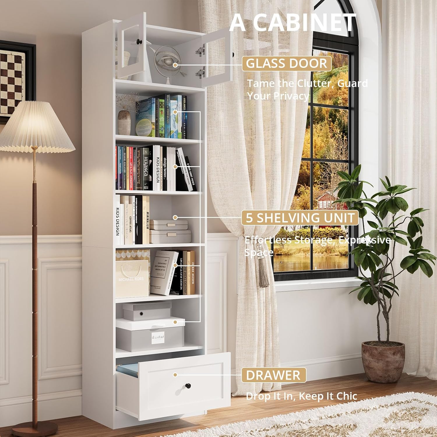 TUSY 85.5 Inch Tall Bookshelf with Doors - 7 Tier Bookcase with Glass Doors and Drawer, 23.6" Wide Storage Cabinet with Open Shelves for Living Room, White Book Shelf for Home Office, Study (AAAA)